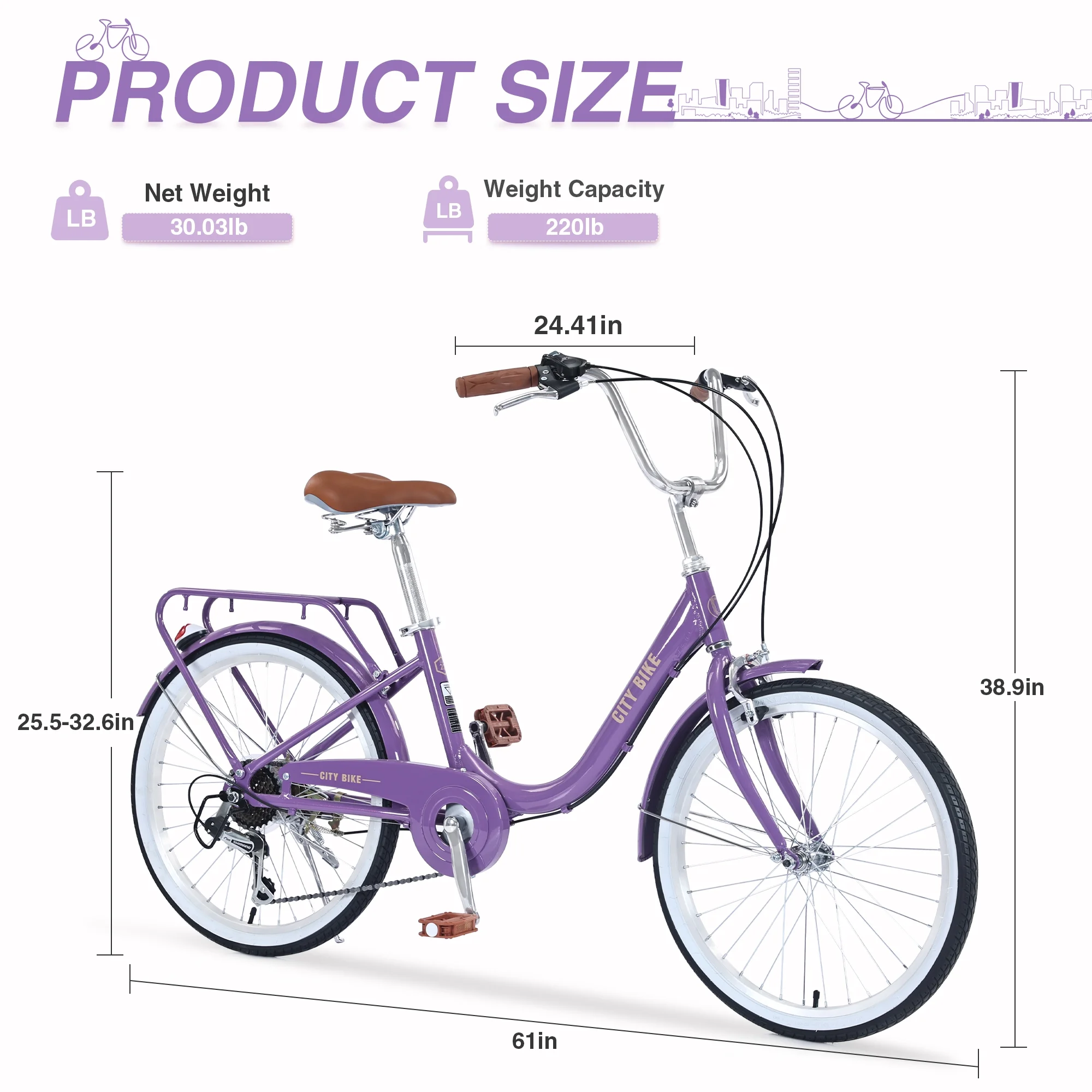 22 Inch Womens Beach Cruiser Bike, City Bike 7 Speeds Steel Frame with Rear Rack, Commuter Bicycle Purple