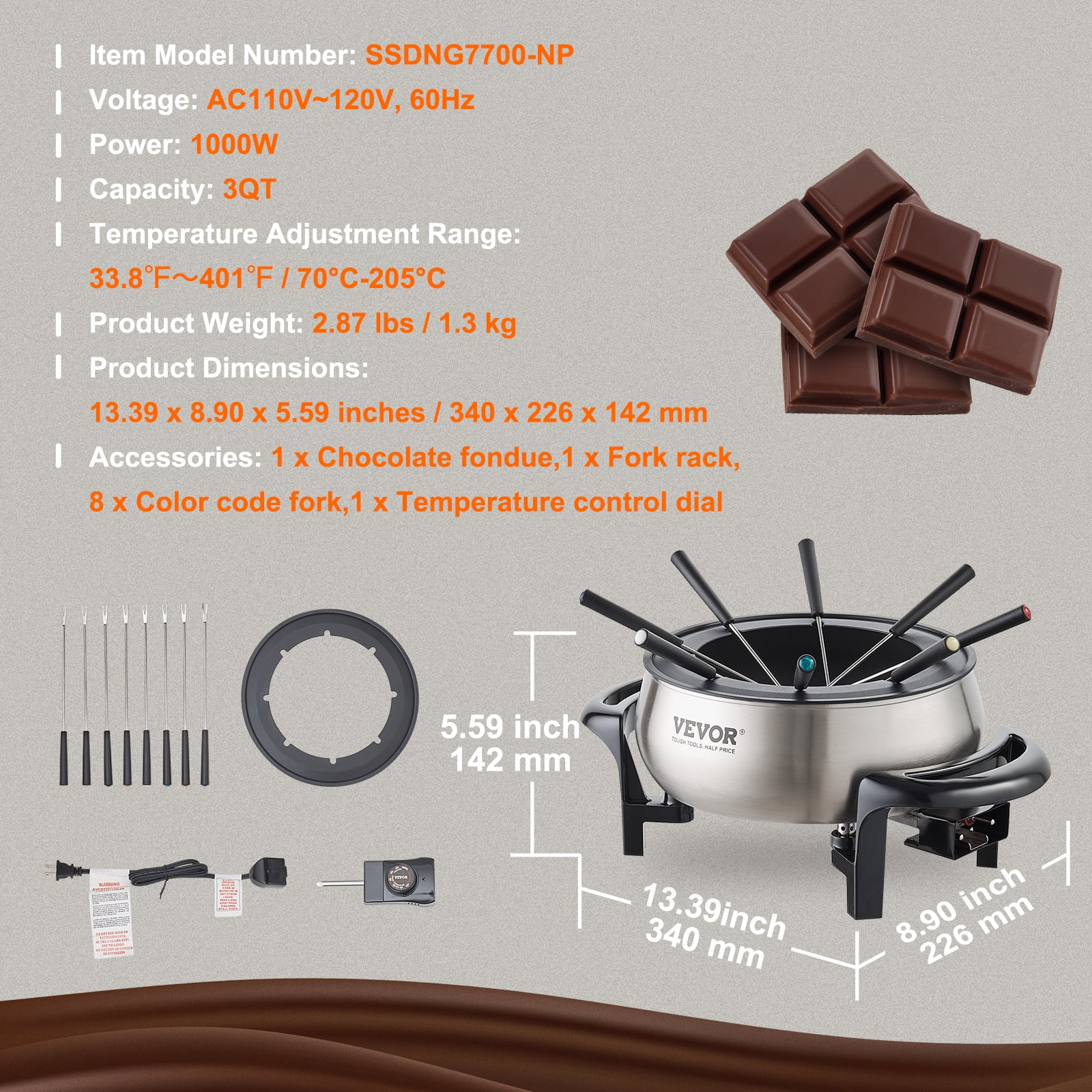 BENTISM 3 qt Electric Fondue Pot Set Chocolate and Cheese Melting Warmer Silver