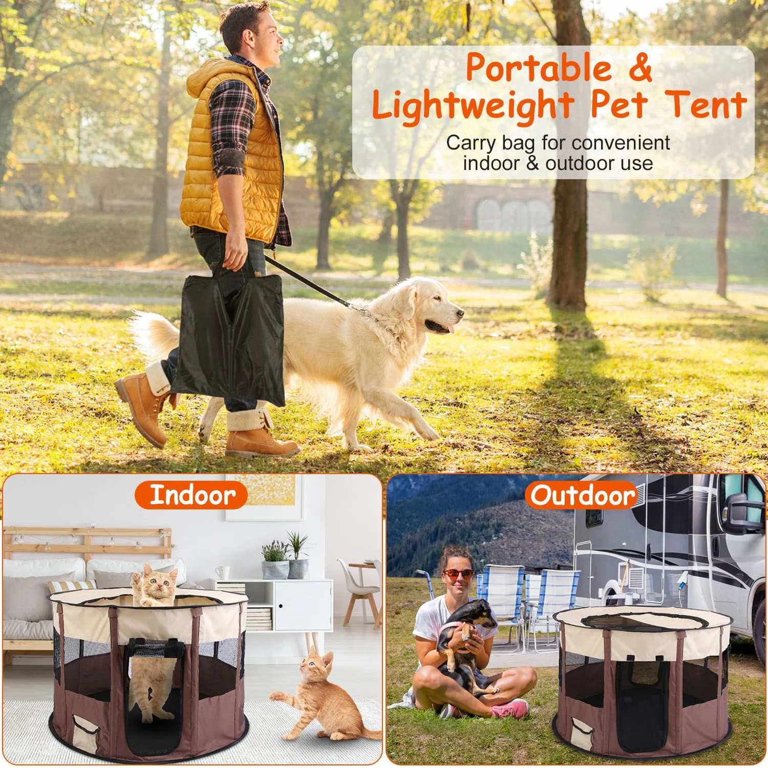 Foldable Dog Playpen iMounTEK Pet Playpen Tent with Carry Bag Waterproof Breathable Detachable Upper Cover for Dog Cat Rabbit Indoor Outdoor Brown S