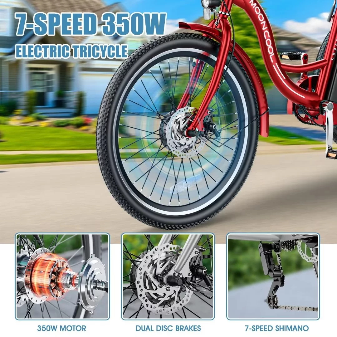 Docred 24 Inch Adult Electric Tricycles 3 Wheel Electric Bike, 15.5 mph 350W Electric Trikes for Seniors,7-Speed & 4 Adjustable Riding Modes Electric Tricycle with 36V Removable Lithium Battery,24Inch