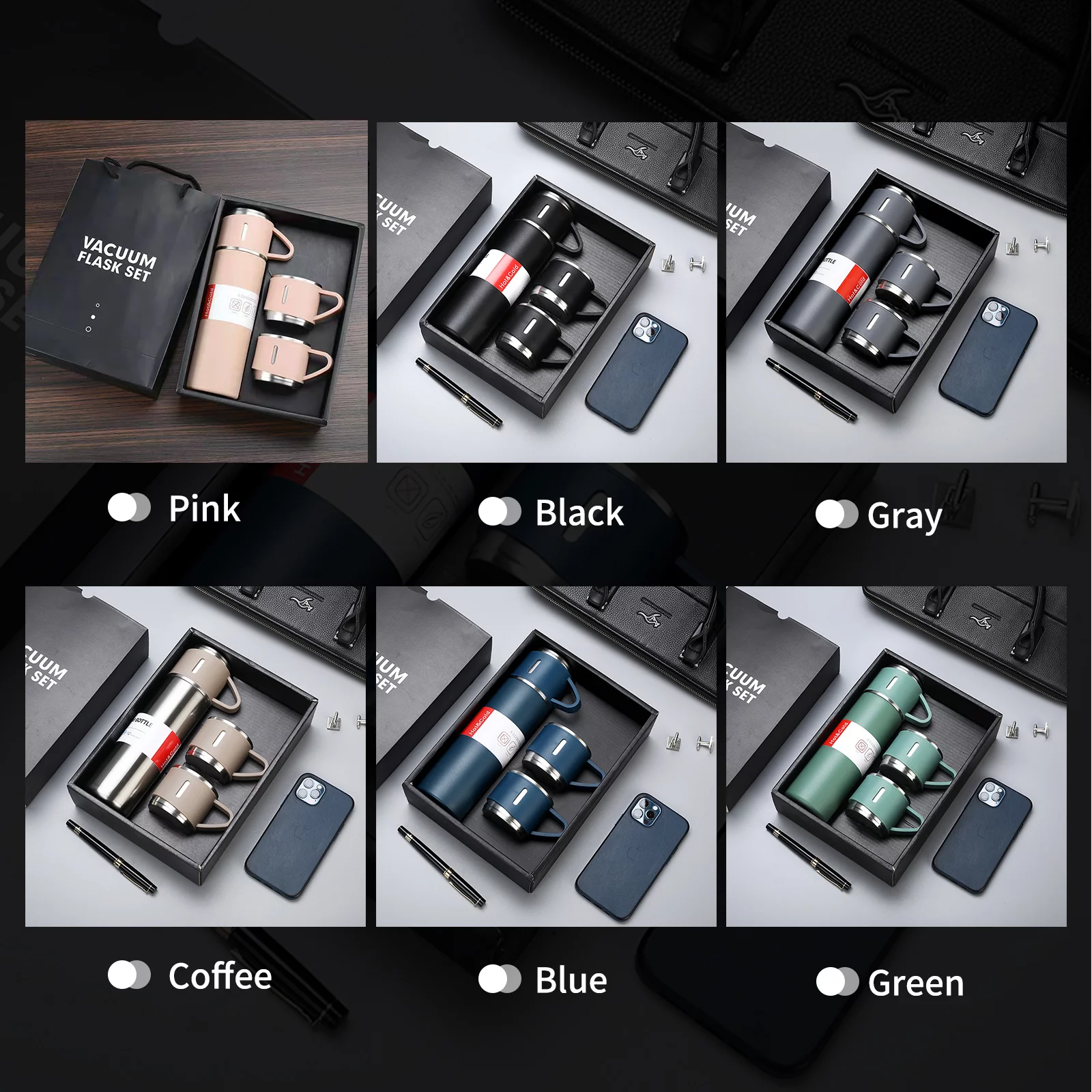 Tomshoo 500mL Insulated Bottle with 2 Extra Cups Stainless Steel Coffee Travel Mug Vacuum Insulation Technology Never Rust or Break Suitable for Gym and Yoga