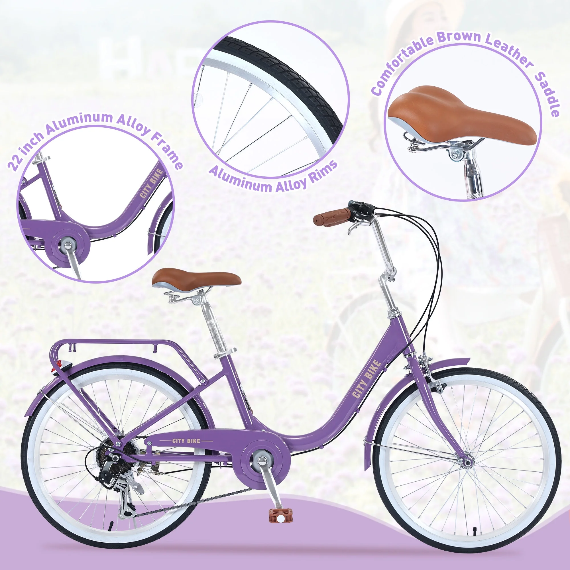 22 Inch Womens Beach Cruiser Bike, City Bike 7 Speeds Steel Frame with Rear Rack, Commuter Bicycle Purple