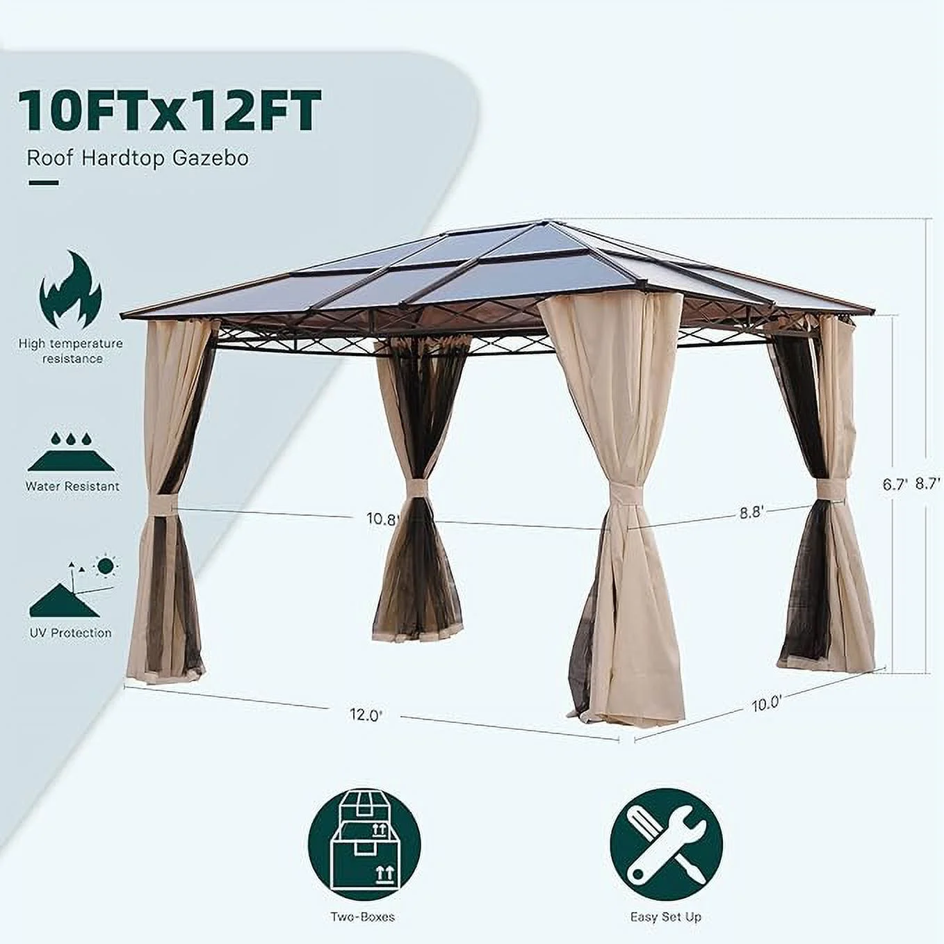 Grand Patio 10x12 Gazebo, Hardtop Gazebo, Single Roof Pergolas Metal Aluminum Frame UV 50+ Outdoor Canopy with Mosquito Netting and Curtains, Outdoor Shelter for Garden, Lawn, Backyard