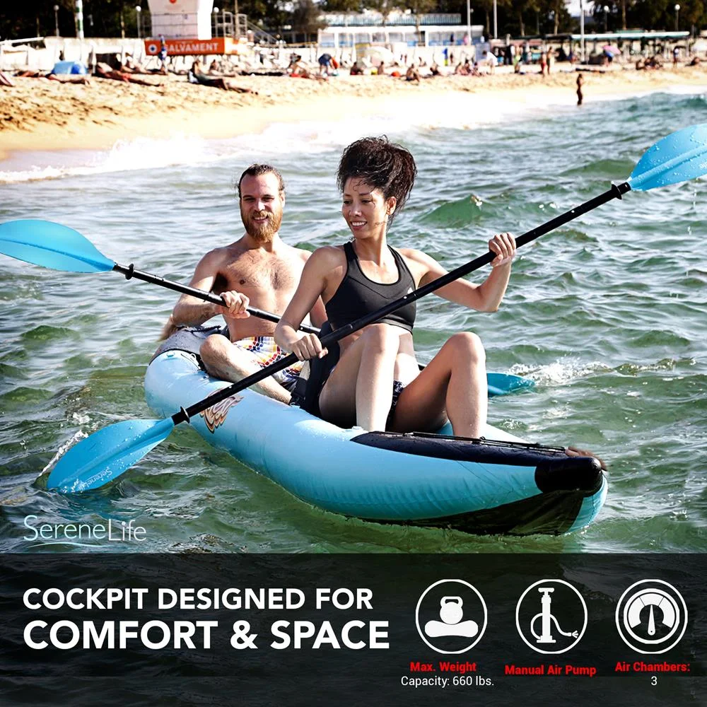 SereneLife 2 Person Inflatable Kayak - Double Kayak with Aluminum Paddles, Repair Kit - Aqua