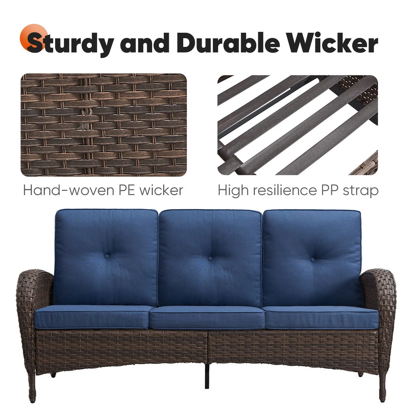 PARKWELL Outdoor 3 Seats Patio Sofa Furniture, All-Weather Wicker Rattan Couch with Removable Cushions,Blue