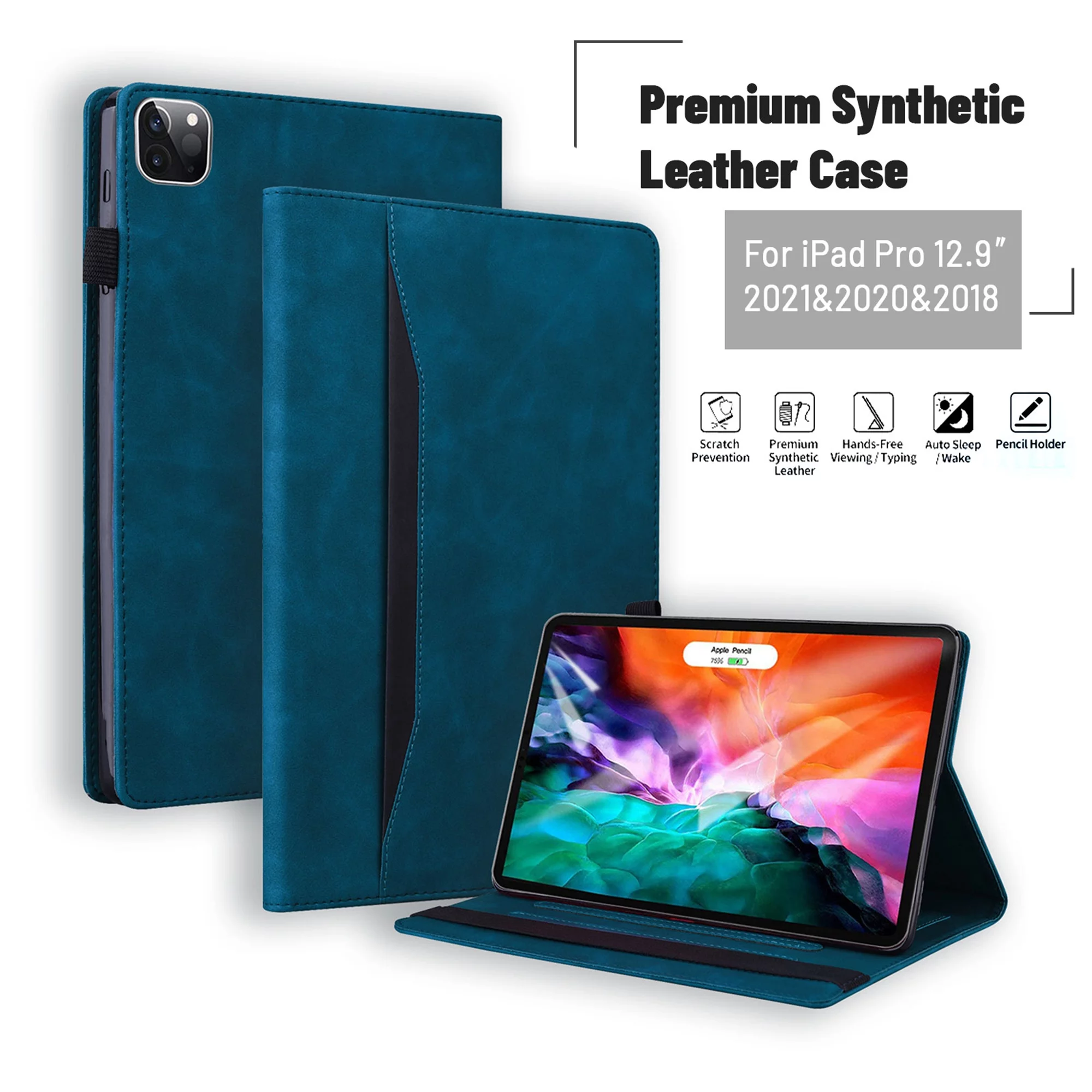 iPad Pro 12.9 2022 Case 6th/5th/4th/3rd Generation Case, Dteck PU Leather with Front Pocket Strap Multiple Viewing Angles Stand Folio Cover with Auto Wake Sleep, Built-in Card Slots, Blue