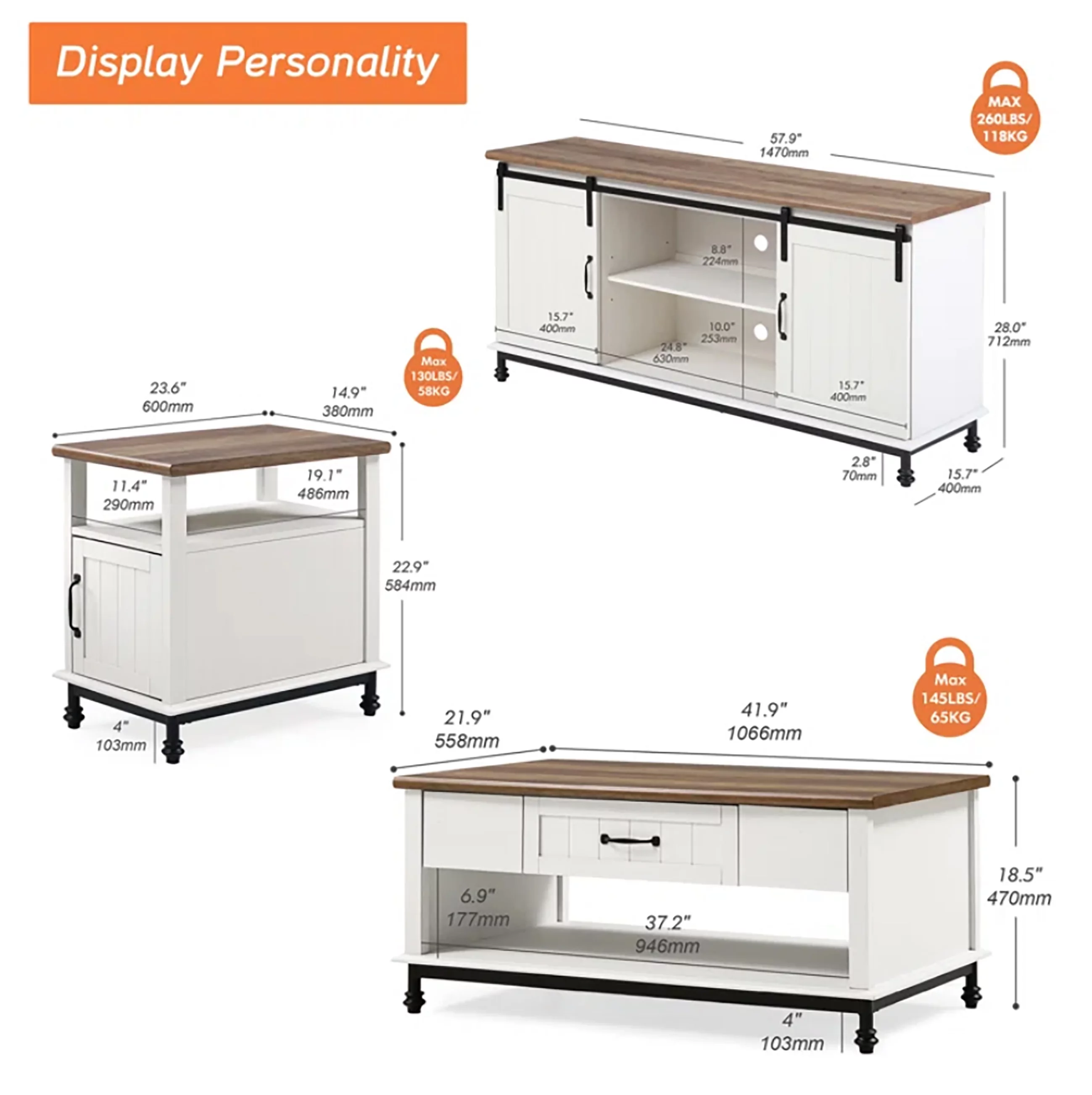 WAMPAT 3 Pieces Living Room Table Sets,1 Farmhouse TV Stand, 1 Coffee Table with Drawer,1 End Table with Charging Station, White/Oak