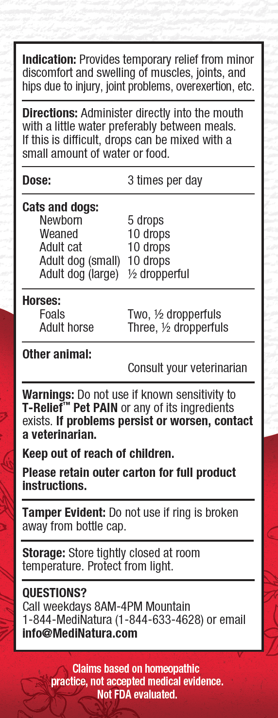 MediNatura T-Relief Pet Pain Relief, Natural Homeopathic, 50 ml Oral Drops
