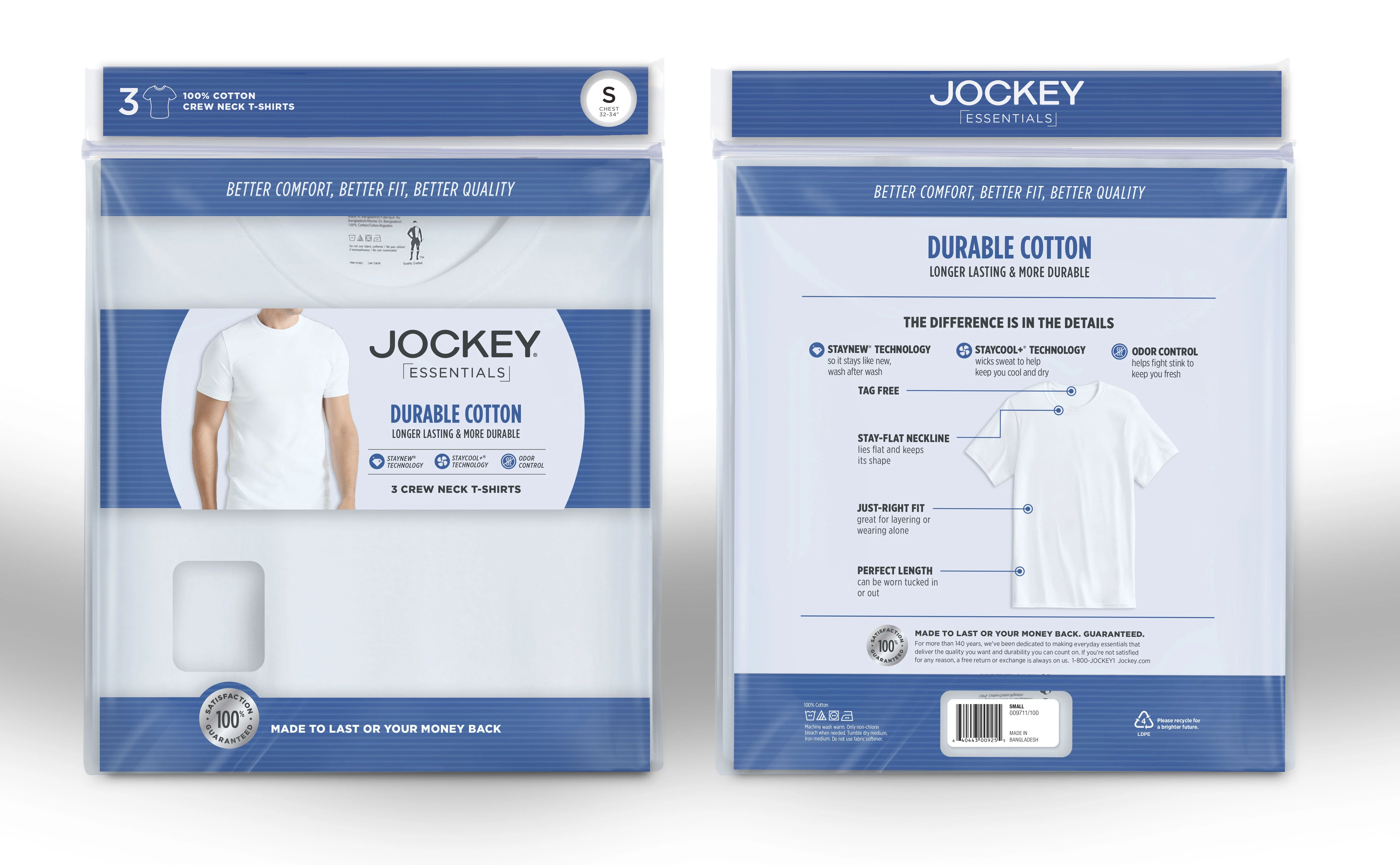 Jockey® Essentials Men's 100% Cotton Tall Man T-shirt, 3 Pack, Extra Long Undershirt, Crew Neck, Comfort, Sizes Large Tall, Extra Large Tall, 2XL Tall, 6813