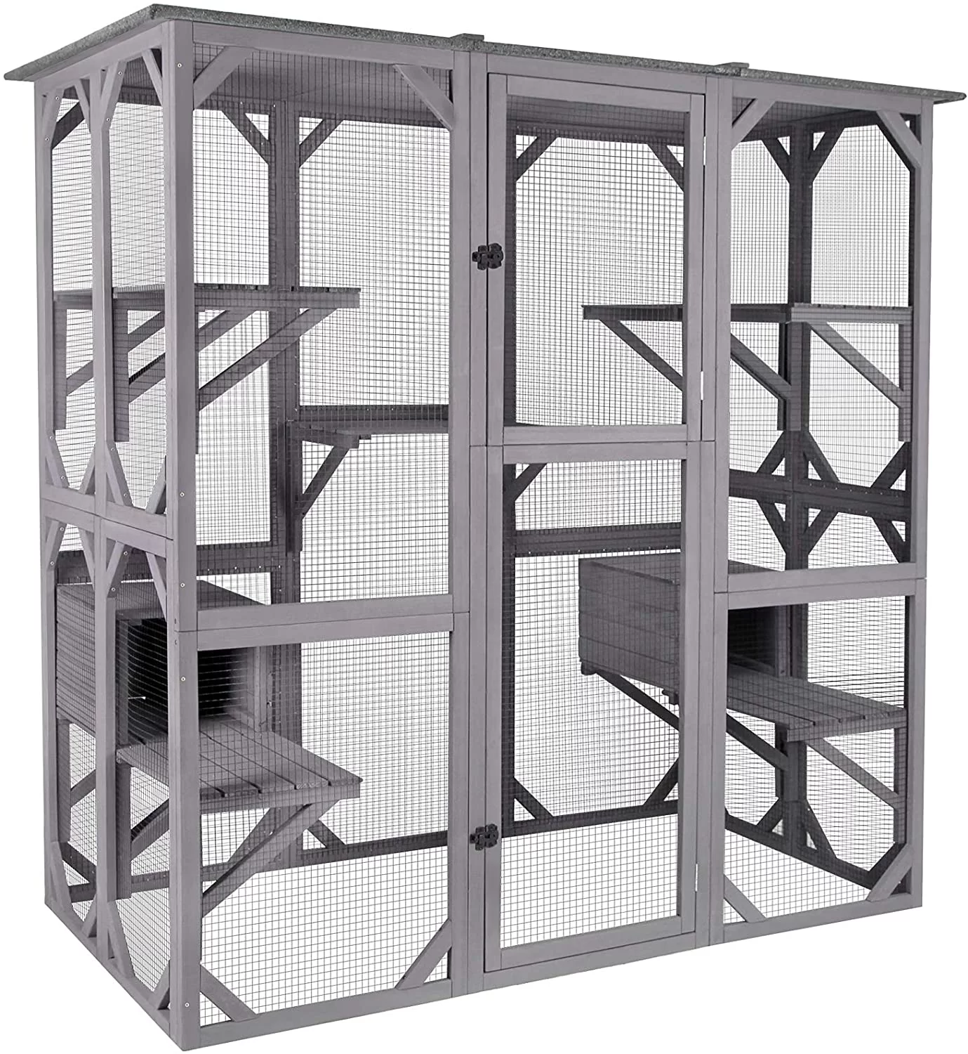 Cat House Outdoor Catio Kitty Enclosure with Super Large Enter Door, Wooden Cat Cage Condo Indoor Playpen with Platforms & Small House-71 Inch