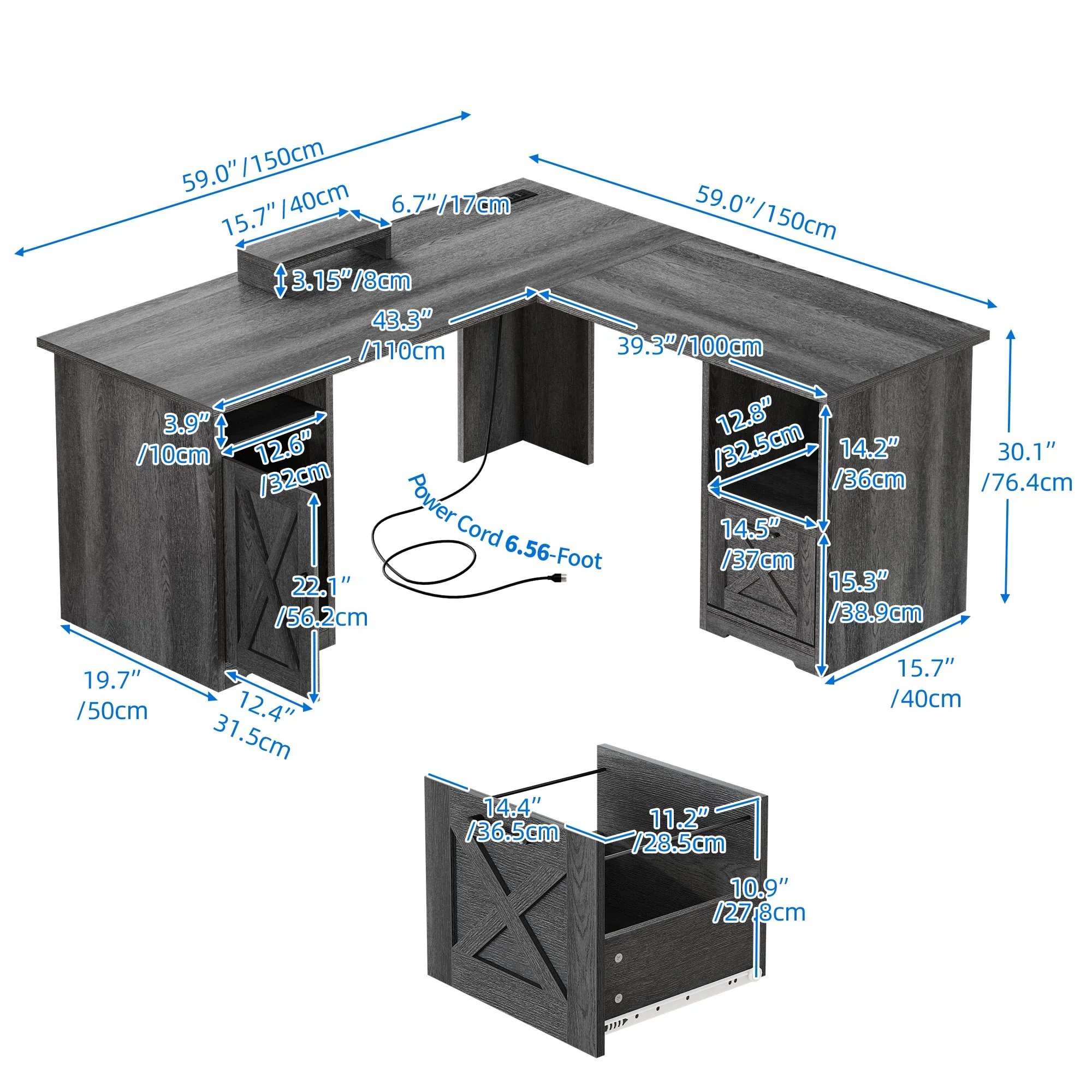 Dextrus 59 Inch L-Shaped Desk with Power Outlet & USB Ports, Office Desk with File Cabinets, Large Computer Desk with Drawers, 2 Person Corner Desk Writing Desk with Storage Shelves, Gray