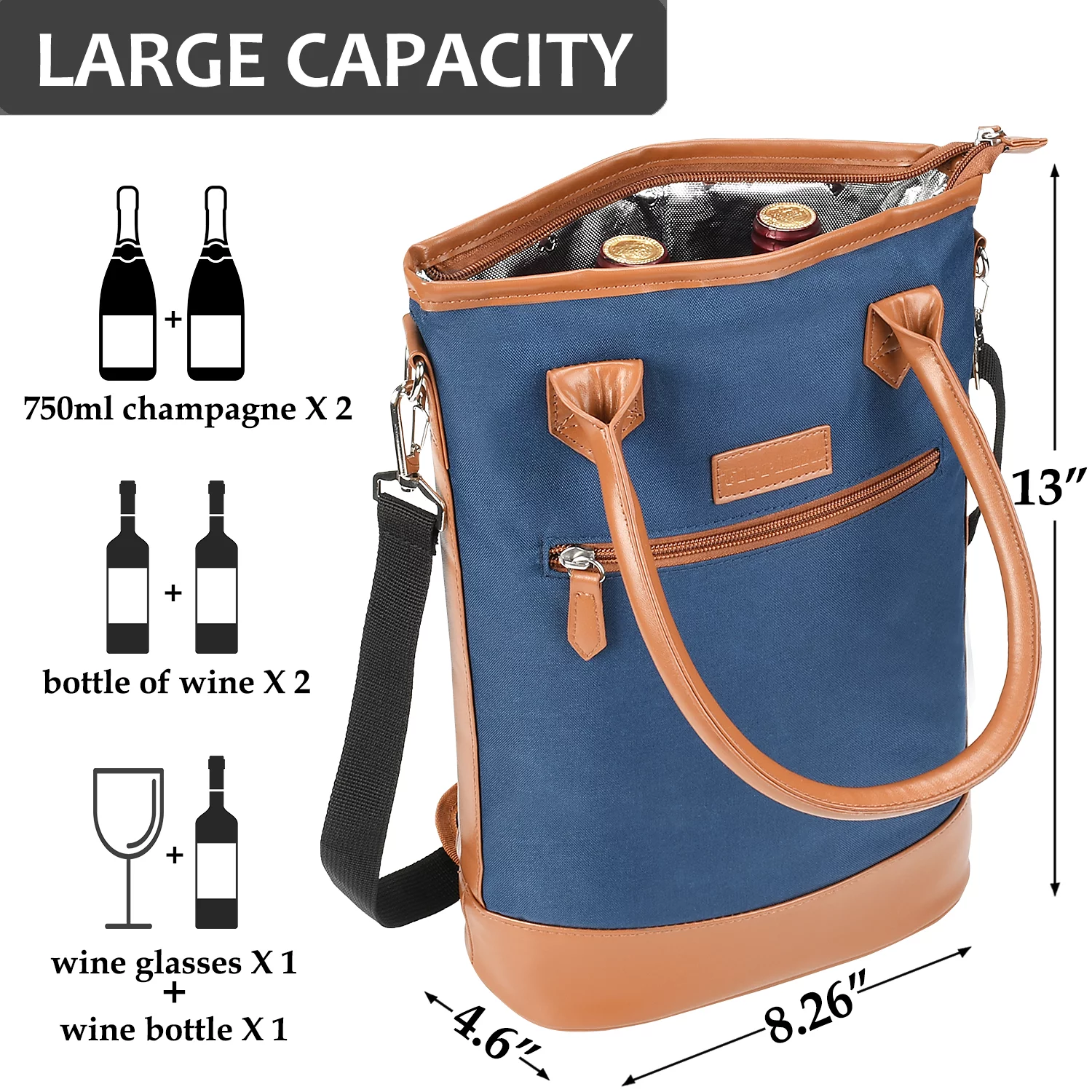 Tirrinia Insulated Wine Carrier Tote - Travel Padded 2 Bottle Wine/ Champagne Cooler Bag with Handle and Adjustable Shoulder Strap, Great Wine Lover Gift, Blue
