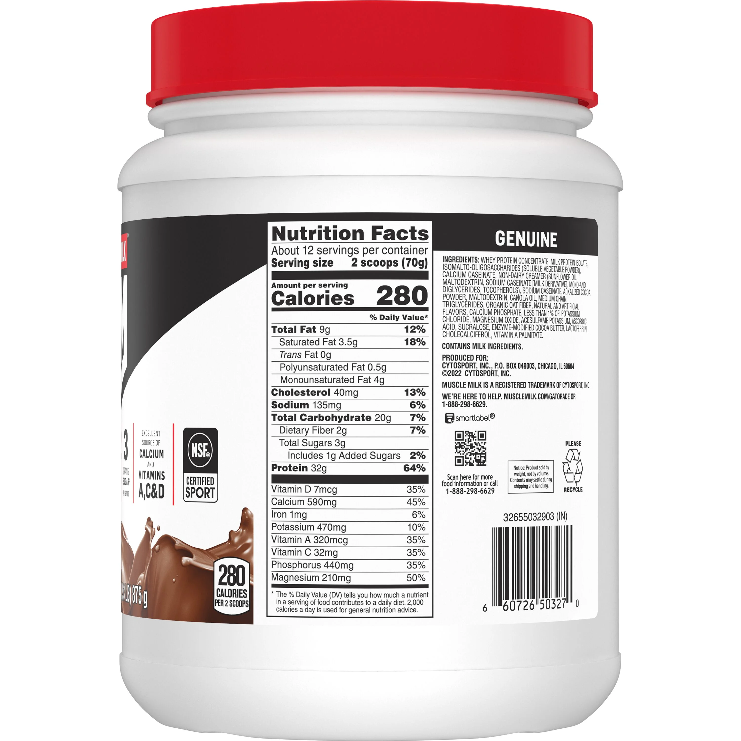 Muscle Milk Genuine Protein Powder, Chocolate, 1.93 Pound, 12 Servings