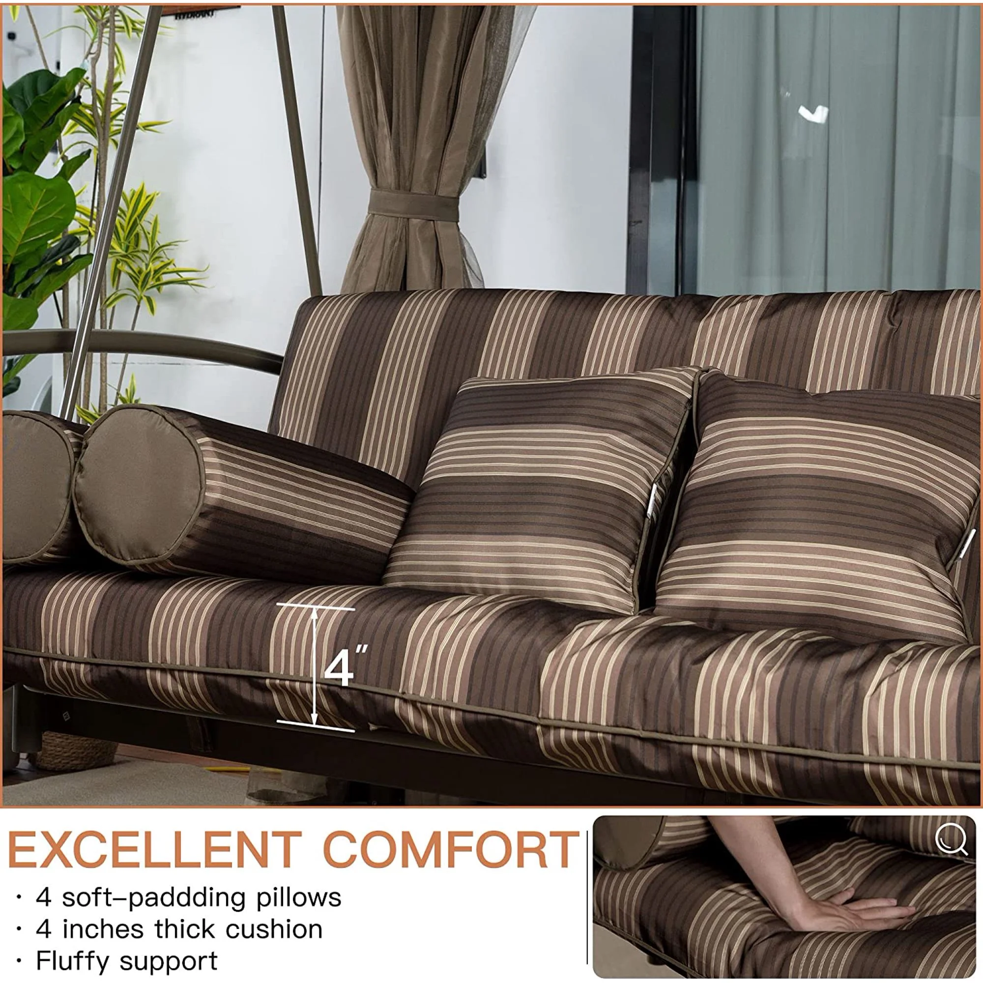 PURPLE LEAF 3 Person Outdoor Patio Porch Tent Swing with Netting & Curtains Swing with Canopy for Adults