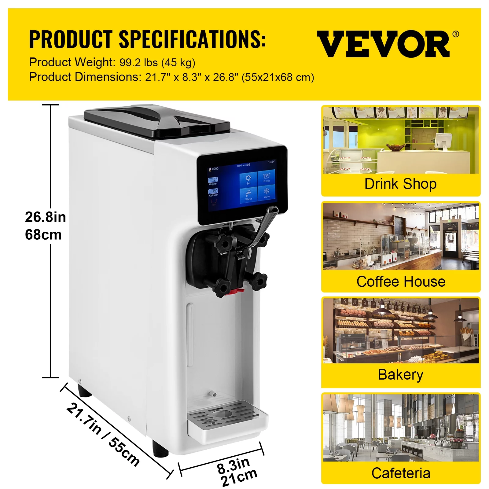 VEVOR Commercial Soft Ice Cream Machine, 3 Flavors Ice Cream Machine, 2.6-5.3 Gal / 10-20 L /H Gelato Machine Commercial, 1000W Countertop Commercial Yogurt Maker Machine, With LED Intelligent Panel