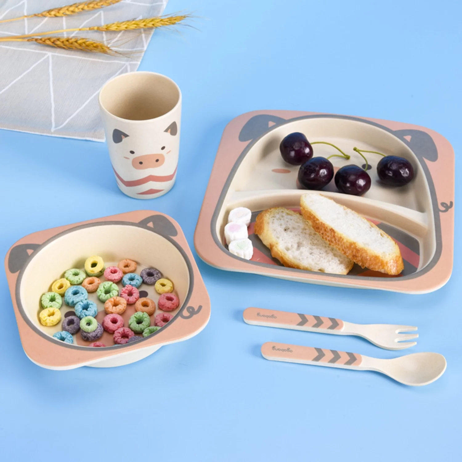 5Pcs/Set Bamboo Kids Dinnerware Set - Children Dishes - BPA Free Food Plate Bowl Cup Spoon Fork Set Dishware, Cartoon Tableware - Strawberry