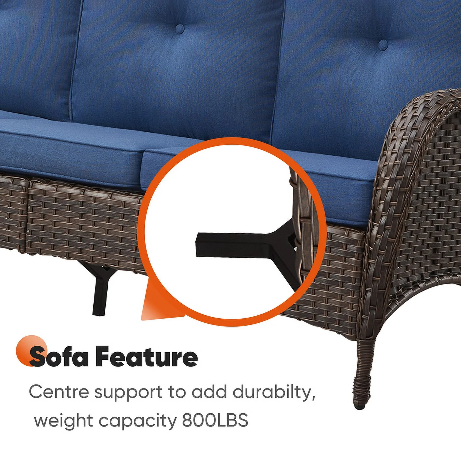 PARKWELL Outdoor 3 Seats Patio Sofa Furniture, All-Weather Wicker Rattan Couch with Removable Cushions,Blue