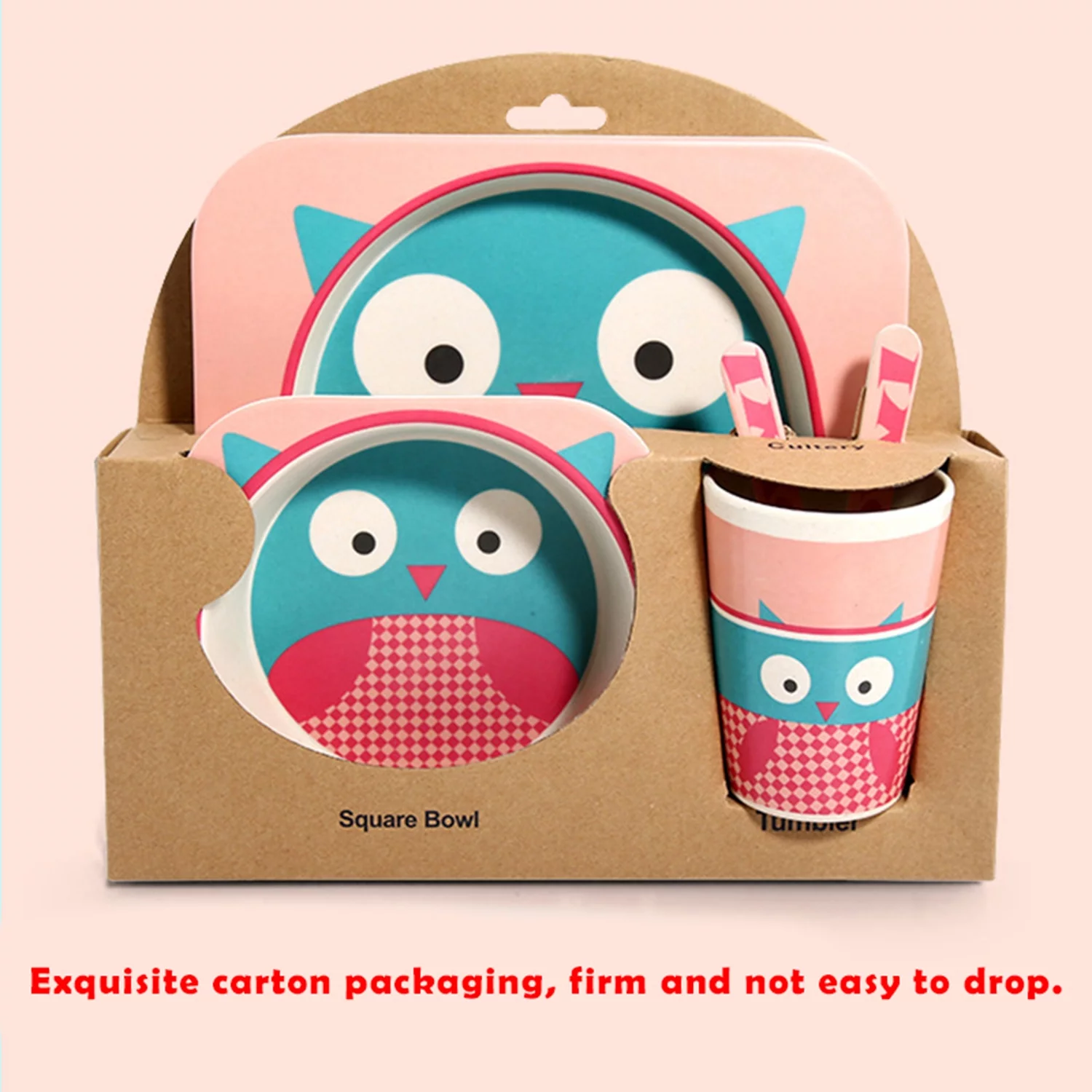 5Pcs/Set Bamboo Kids Dinnerware Set - Children Dishes - BPA Free Food Plate Bowl Cup Spoon Fork Set Dishware, Cartoon Tableware - Strawberry