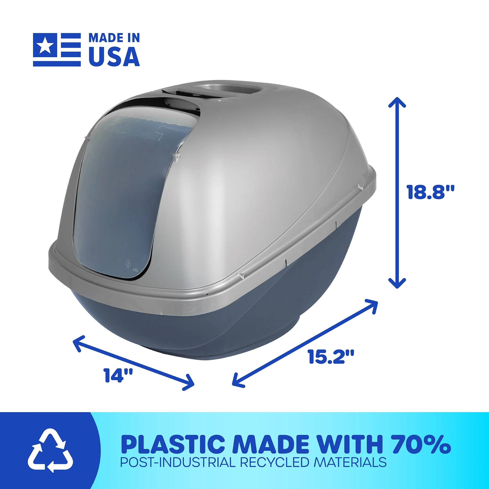 Petmate Basic Hooded Enclosed Cat Litter Pan Covered Plastic Box with Door, Large, Blue Silver