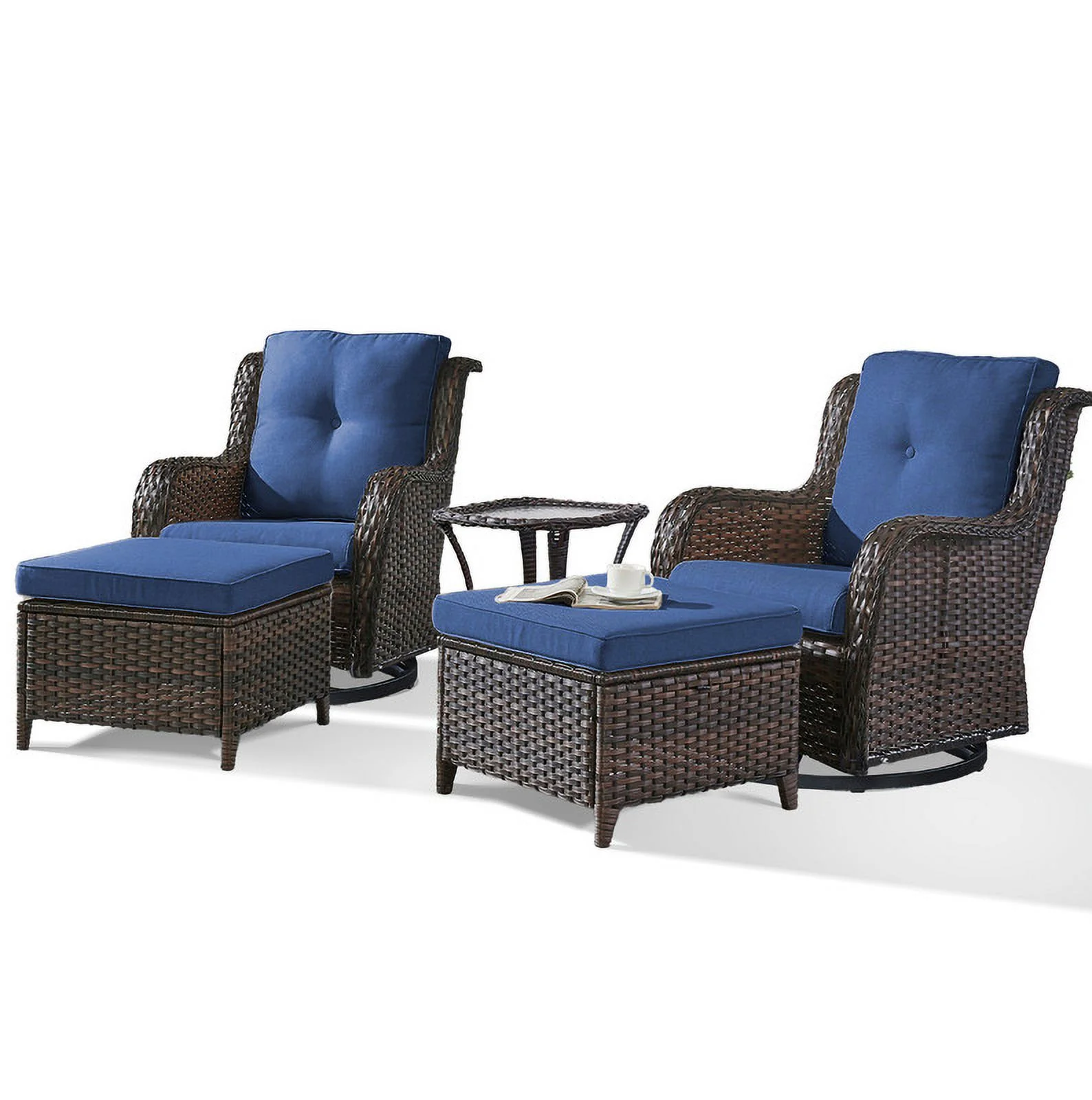 PARKWELL 5-Piece Outdoor Conversation Sets,Wicker Swivel Gliders with Ottomans,Side Table,Patio Seating Furniture with Blue Cushions,Brown Wicker