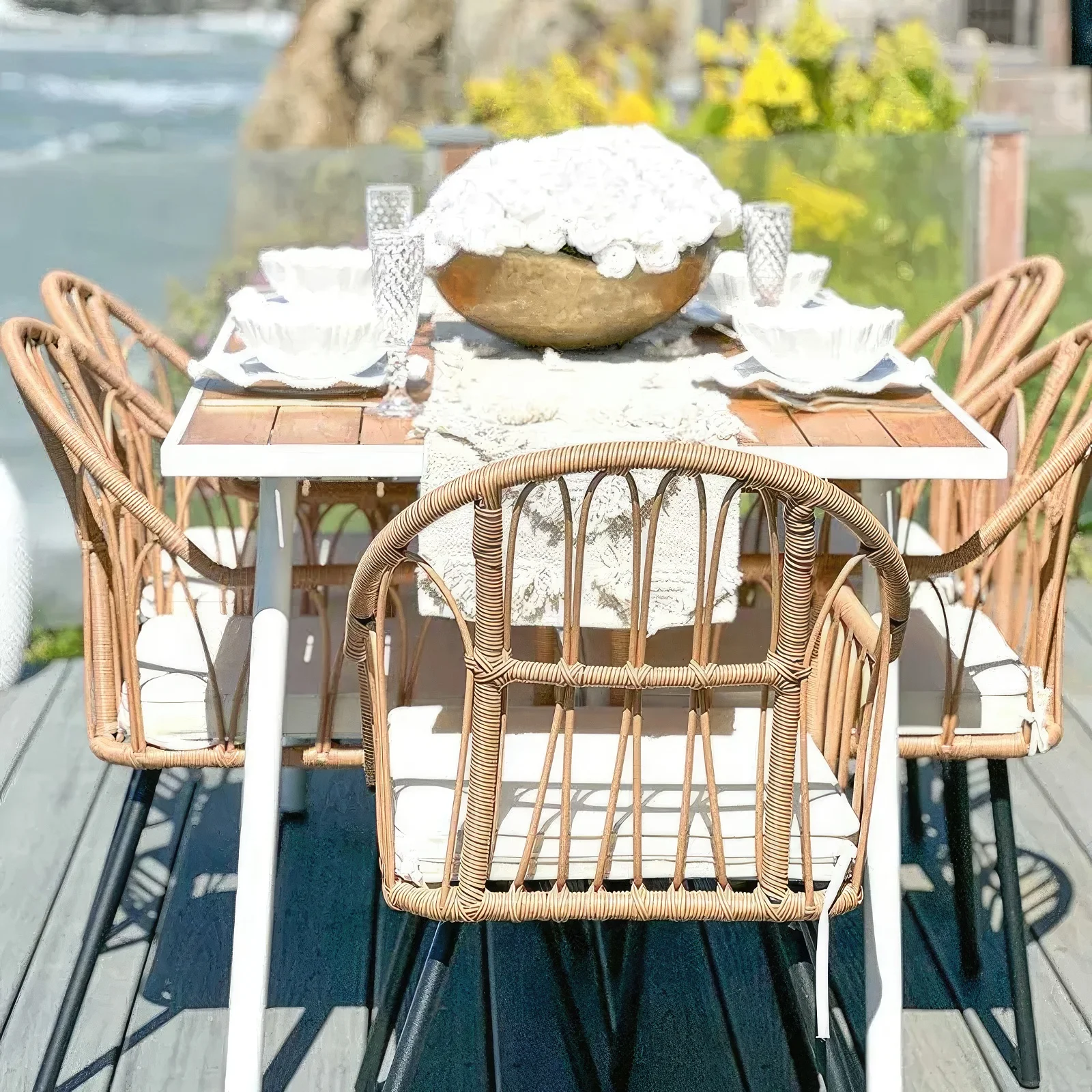 Dextrus 7 Pieces Outdoor Patio Dining Set with 6 Rattan Wicker Dining Chair & Rectangle Table with Umbrella Hole for 6-Person, Beige