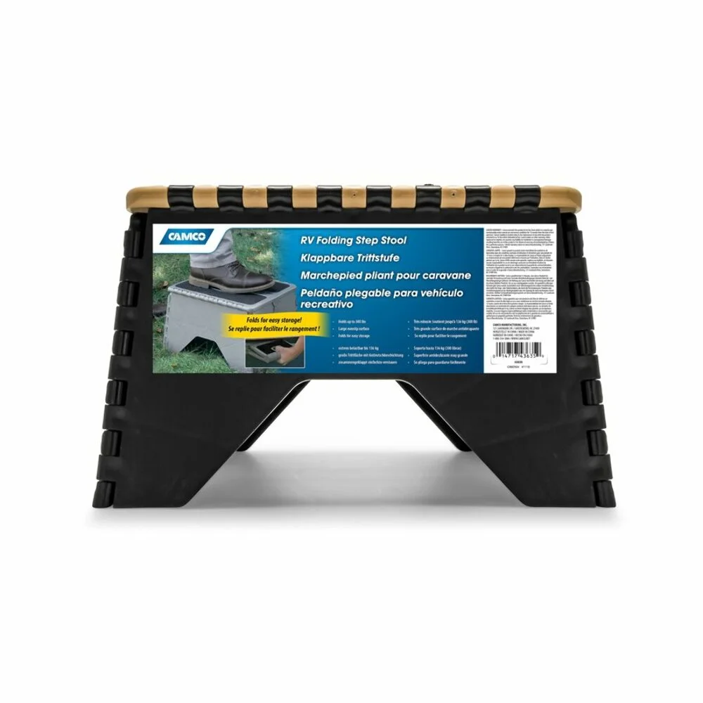 Camco Folding Step Stool | Supports up to 300lbs | Impact resistant Resin, Black and Tan (43638)