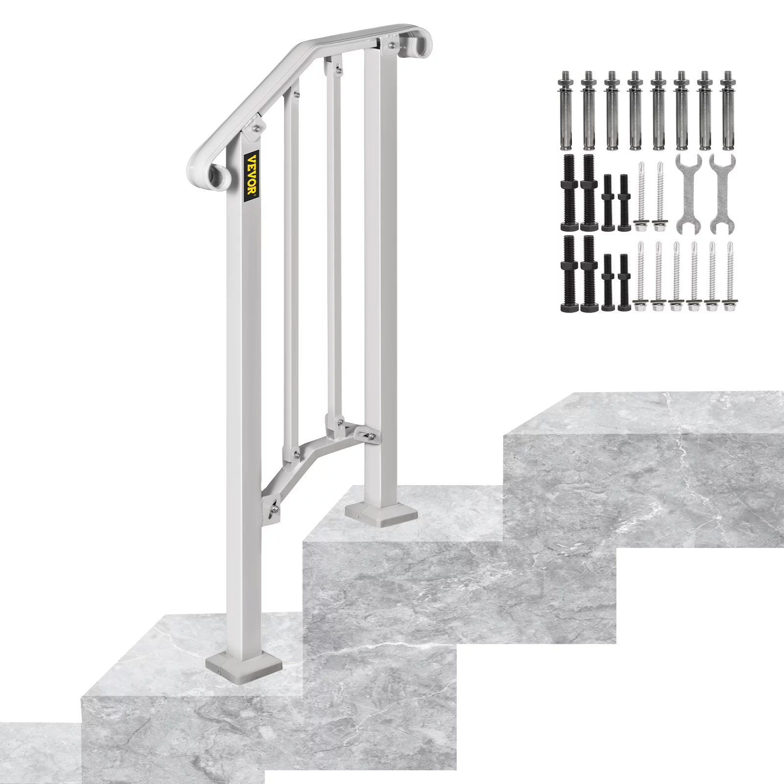 VEVORbrand Handrail for Stairs Outdoor Step Handrail Picket 1 Fits 1 or 2 Steps Rail Height adjustable Wrought Iron Handrail, Matte White