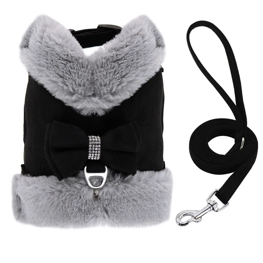 Warm Fleece Mesh Padded Vest Cute Bow Tie Dog Cat Harness and Leash Winter Coat