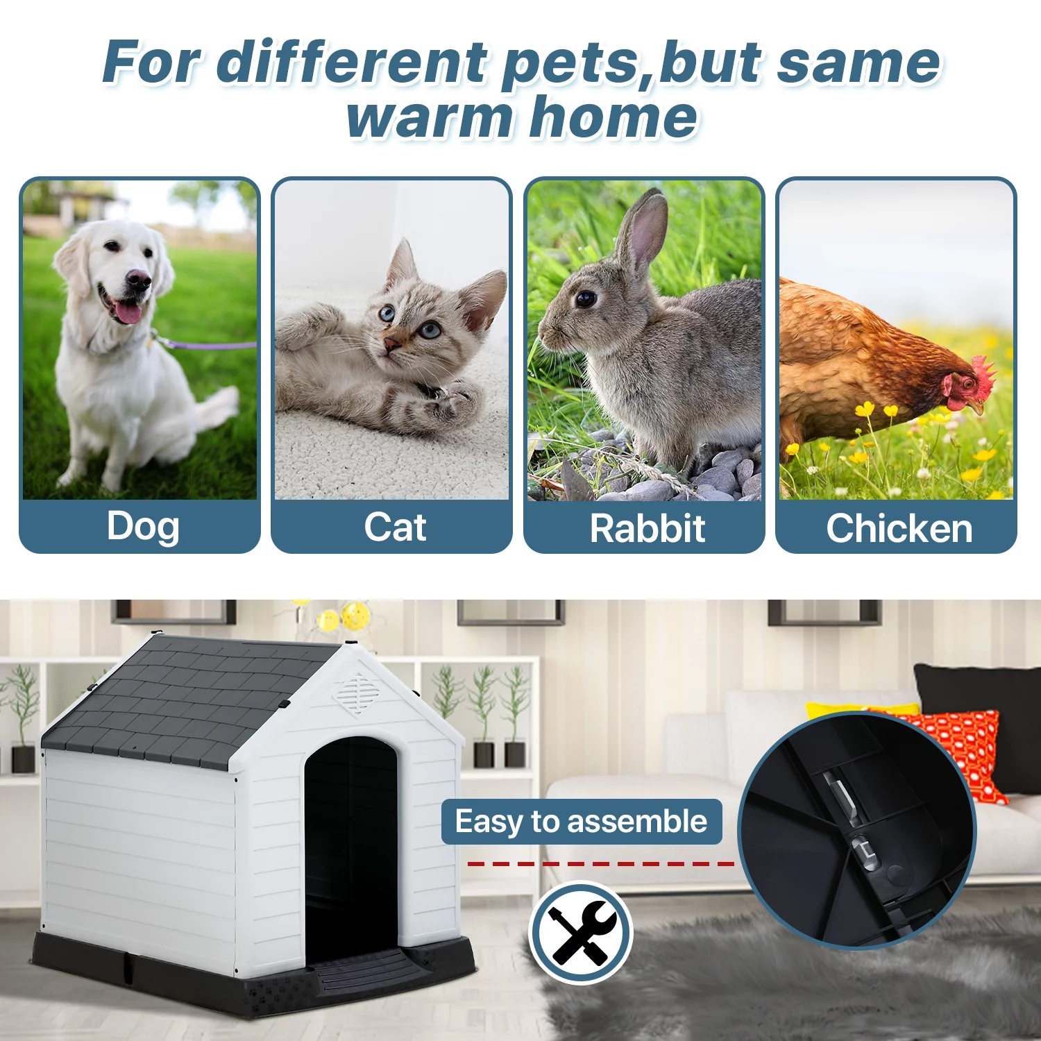 Extra Large Dog House for Large Medium Dogs 41x37.4x39 inch Plastic Water Resistant Dog Houses with Hight Base Support for Winter Tough Durable House with Air Vents Elevated Floor, Grey