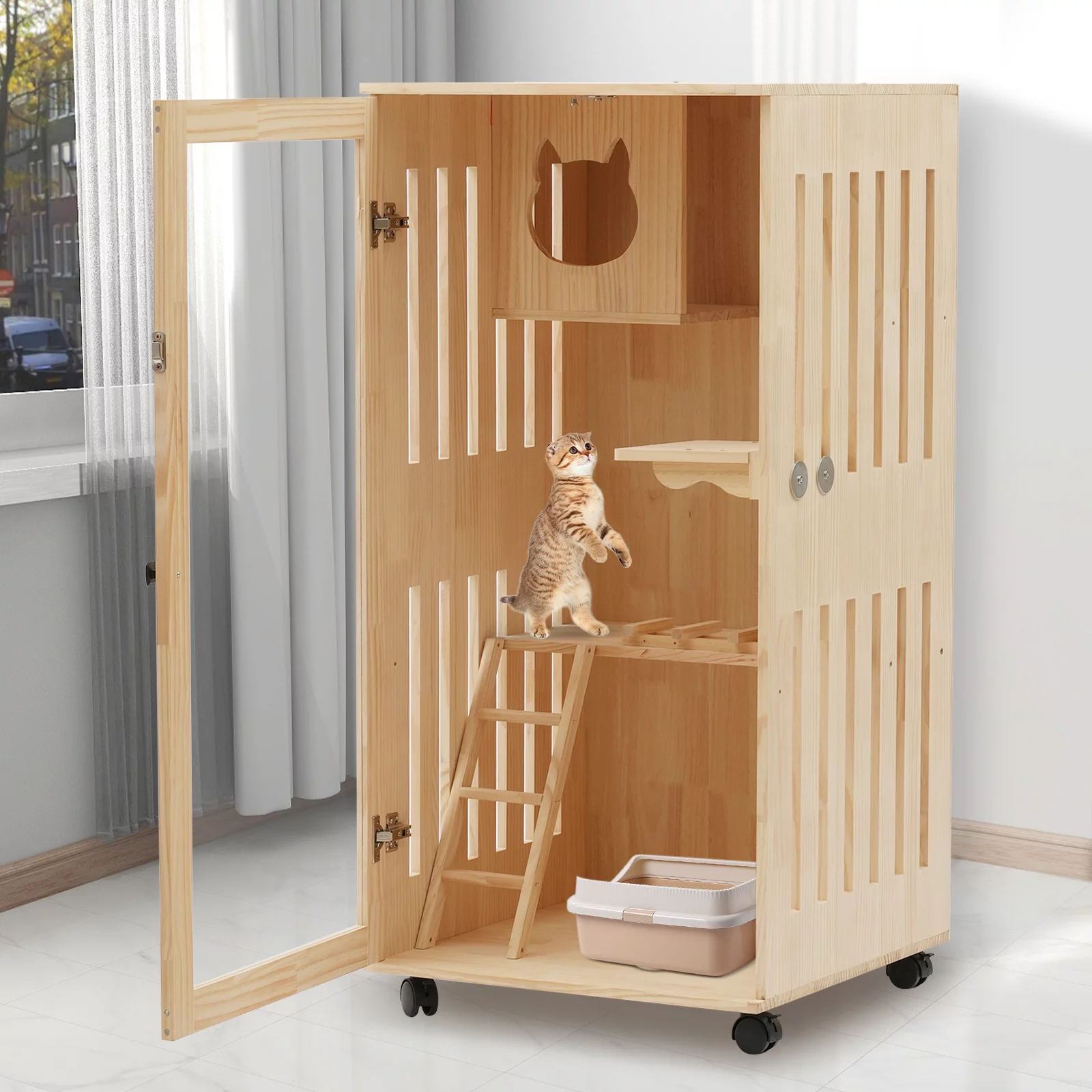 Miumaeov Large Wooden Cat House for Outdoor and Indoor Cats,Luxury Multi-Feature Cat Condo with Cat Scratching Posts Oversized Cat Villa on Wheels (23.62*23.62*47.24 inch)