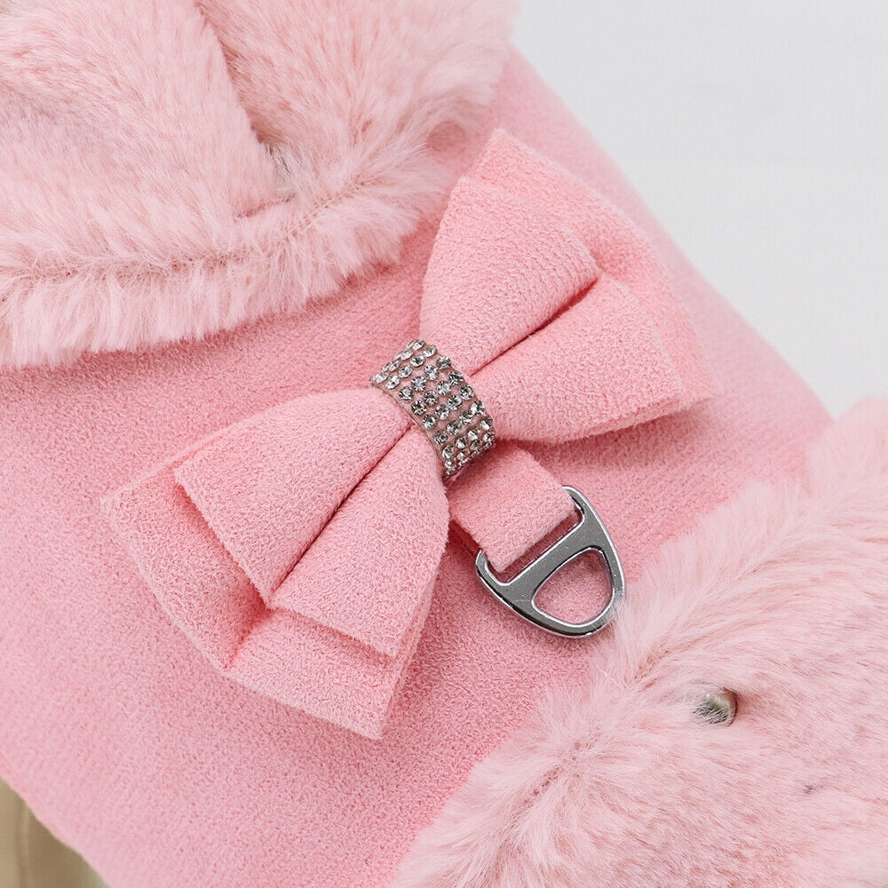 Warm Fleece Mesh Padded Vest Cute Bow Tie Dog Cat Harness and Leash Winter Coat