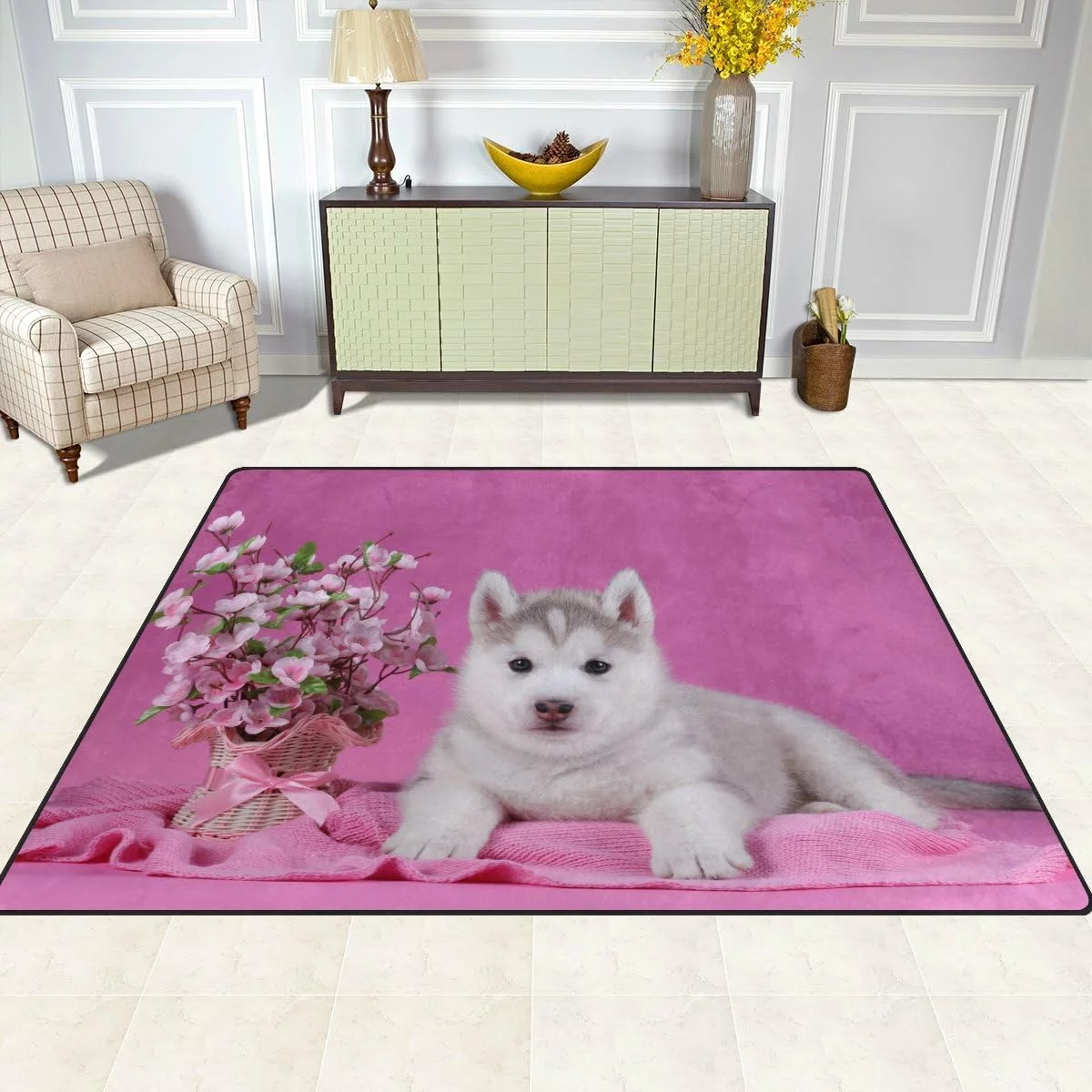 Dreamtimes Cute Siberian Husky Puppy with Flower Lightweight Carpet Mats, 6'8
