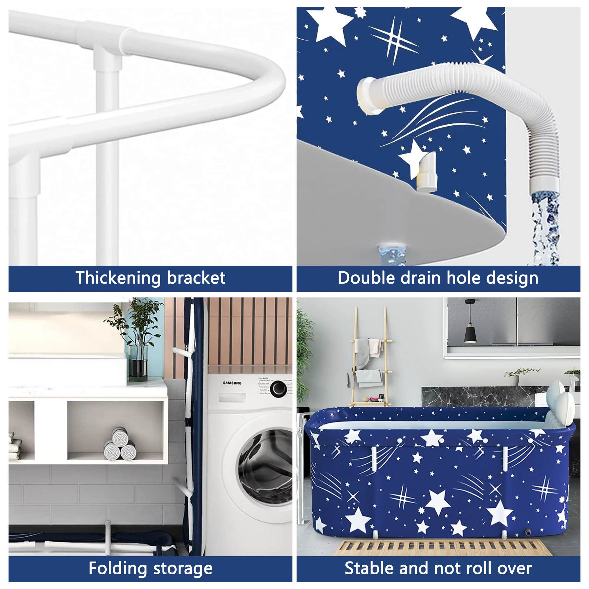 INXTAINER Folding Bathtub for Adult, 47in Large Protable Family APS Tub Foldable Soaking Bathing Shower Tub Kit for 2 Person, Starry Blue