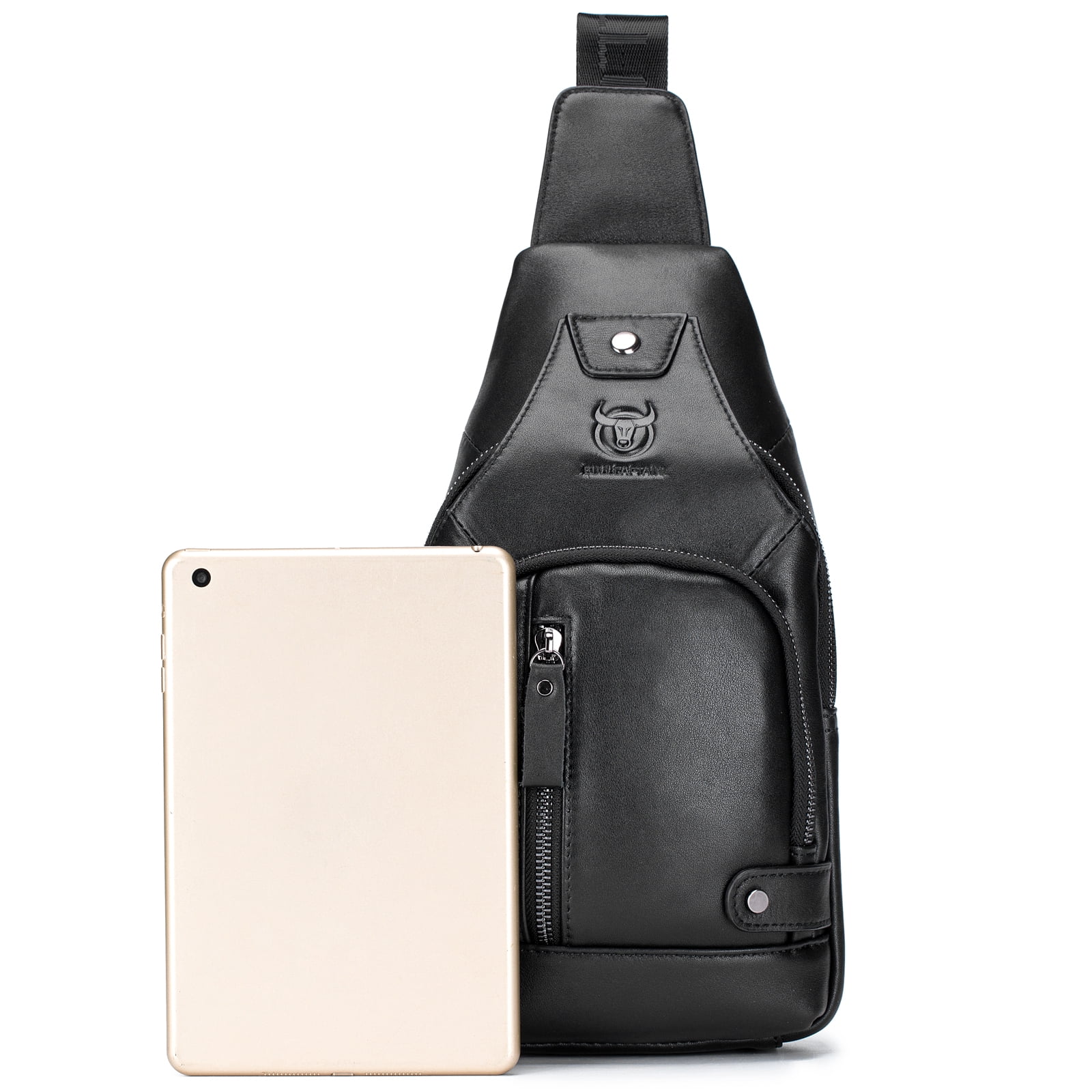 BULLCAPTAIN Men Leather Sling Bag Casual Shoulder Chest Crossbody Bag Hiking Travel Daypack with USB Charging Port