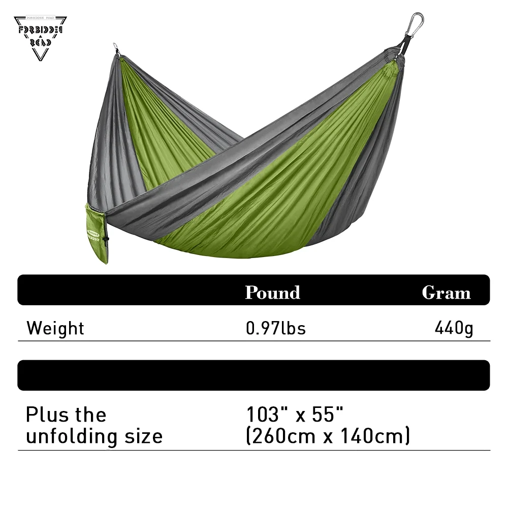 Forbidden Road Hammock Single Double Camping Lightweight Portable Hammock for Outdoor Hiking Travel Backpacking - Nylon Hammock Swing - Support 400lbs（Green & Gray