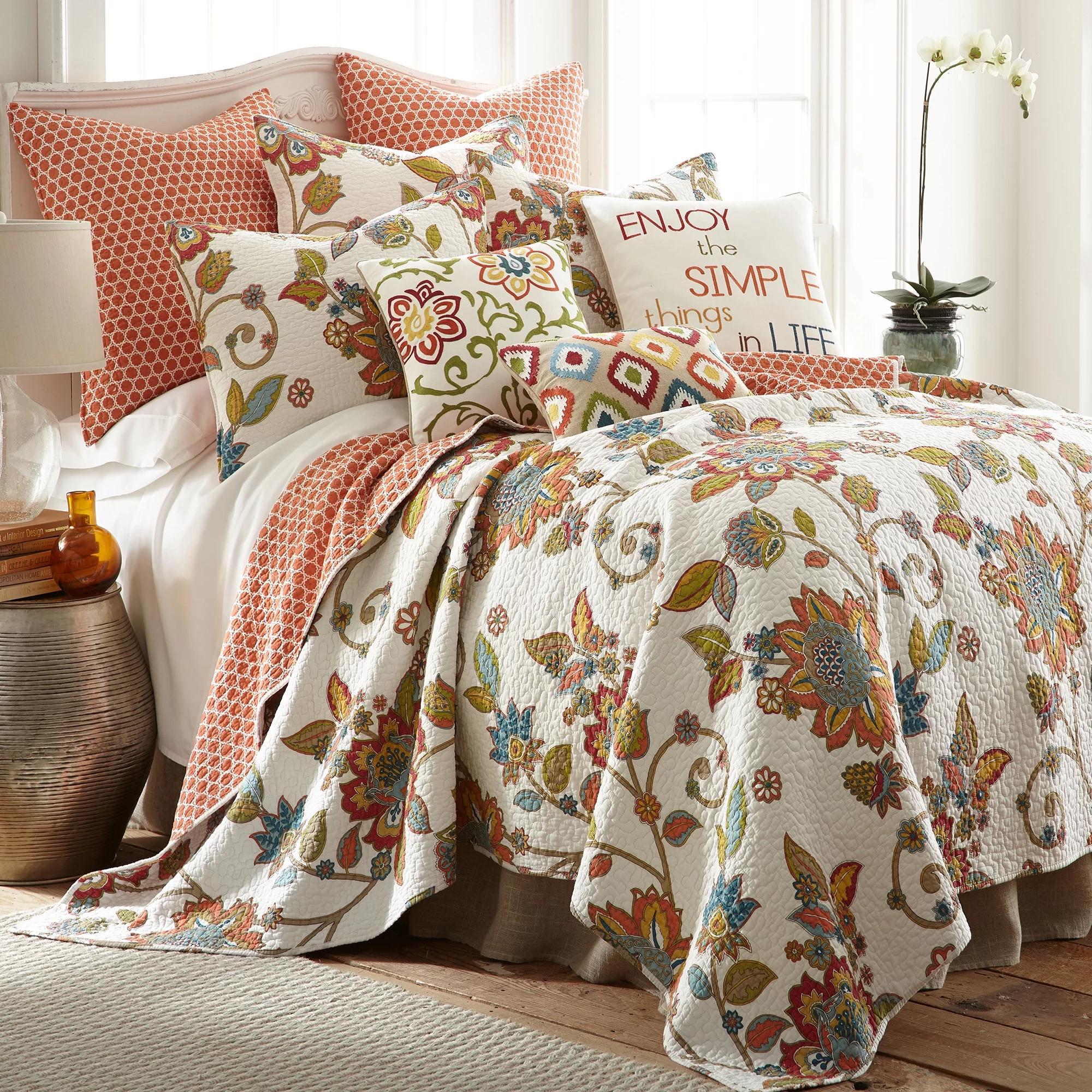 Levtex Home - Clementine Quilt Set - King Quilt + Two King Pillow Shams - Floral - Orange , Yellow, Teal, Ivory - Quilt (106x92in.) and Pillow Shams (36x20in. ) - Reversible - Cotton Fabric