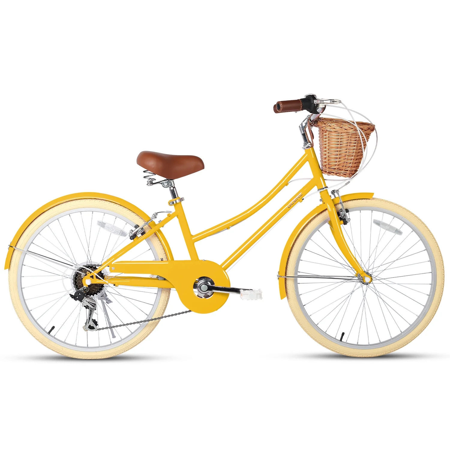 Glerc 24 inch Girls Cruiser Bike 6-Speed Women's Hybird Bicycle for Ages 7-11 Years,Yellow