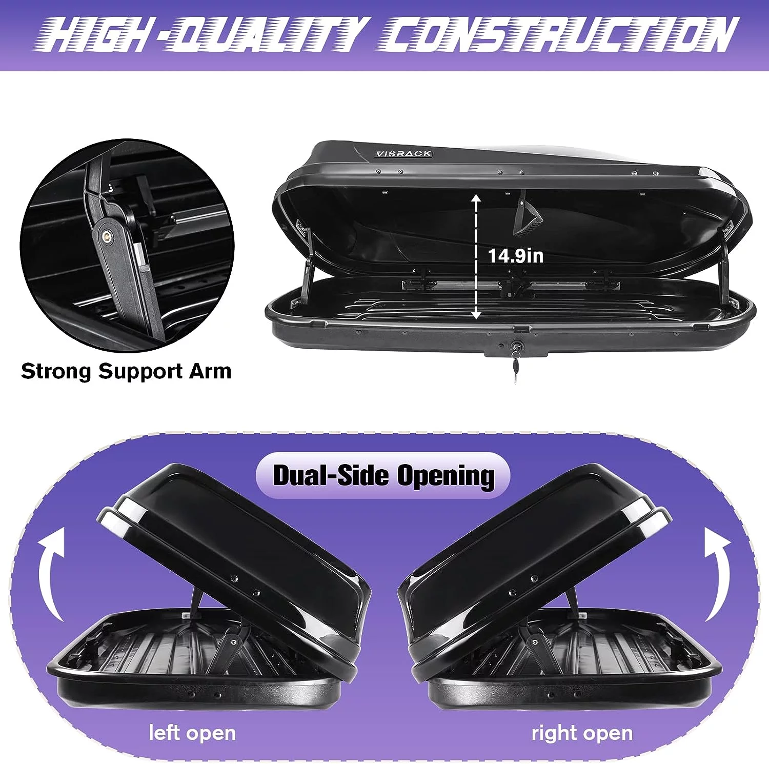 Large Hard Shell Carriers Rooftop Cargo Box with Key Lock 62 (L) x 31 (W) x 15(H) 15 Cubic Feet, Waterproof Heavy Duty Universal Roof Rack Tool-Free Install, Black