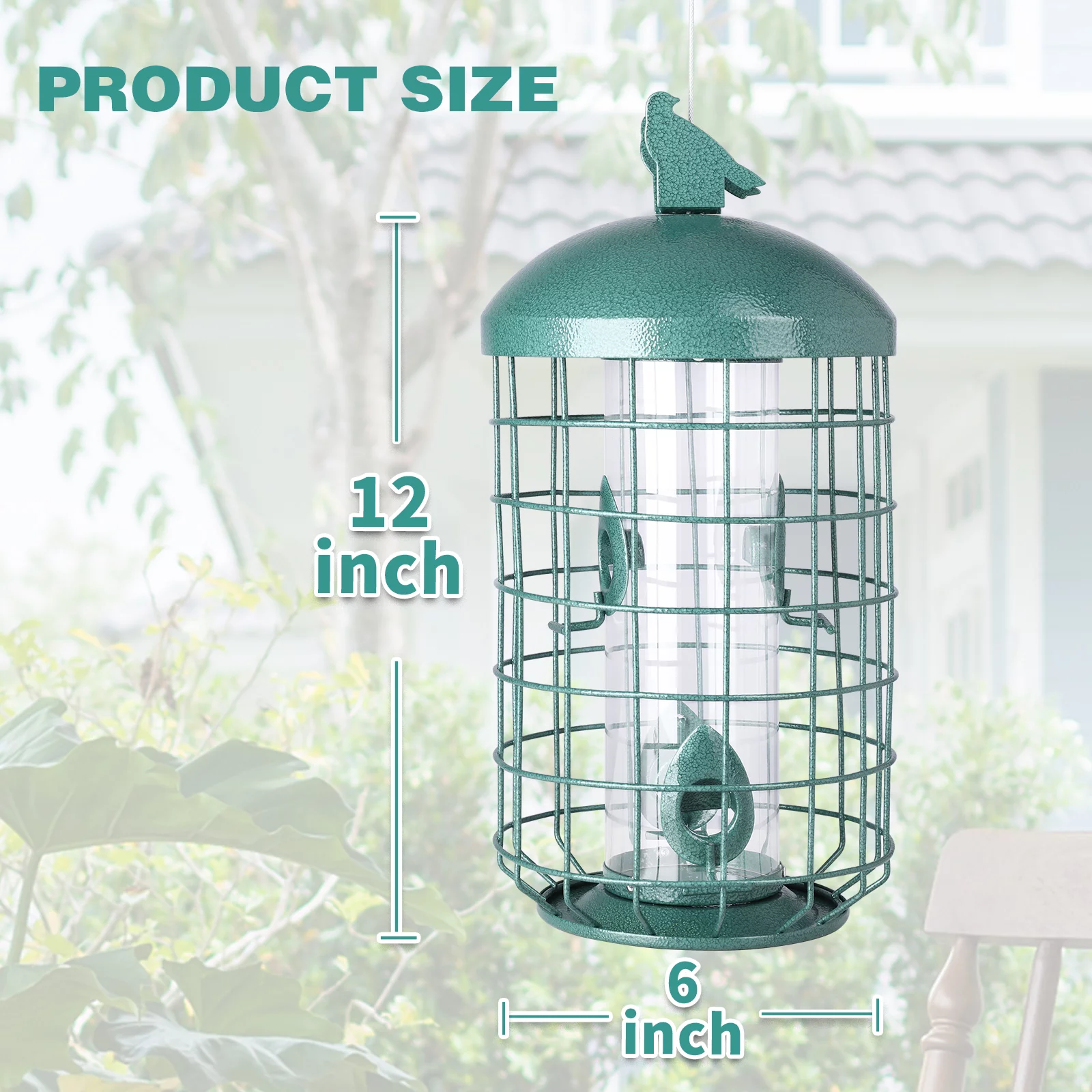 MUMTOP Squirrel Deterrent Green Bird Feeders for Outdoors Hanging, 2.73 lb Large Capacity, Caged Tube Wild Bird Feeder – Premium Grade Steel, Chew-Proof and Weather Resistant