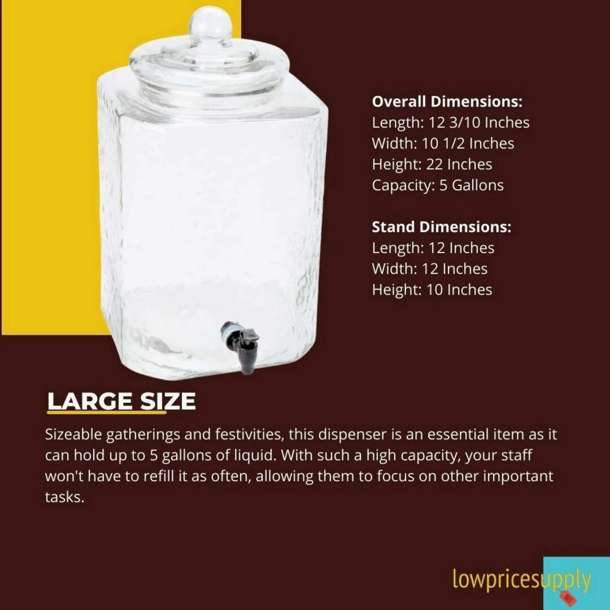 5 Gallon Hammered Glass Beverage Dispenser with Metal Stand - COMPLETE SET