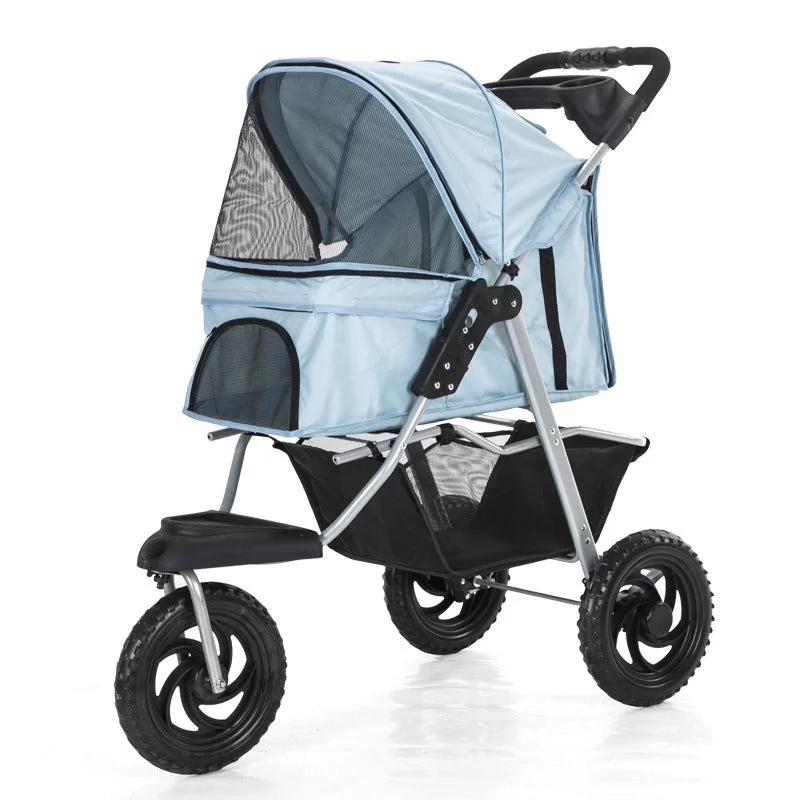 Three Wheel Folding Pet Stroller, Dog Jogger Travel Cats Carrier Adjustable Canopy Storage Brake Mesh Window - Black
