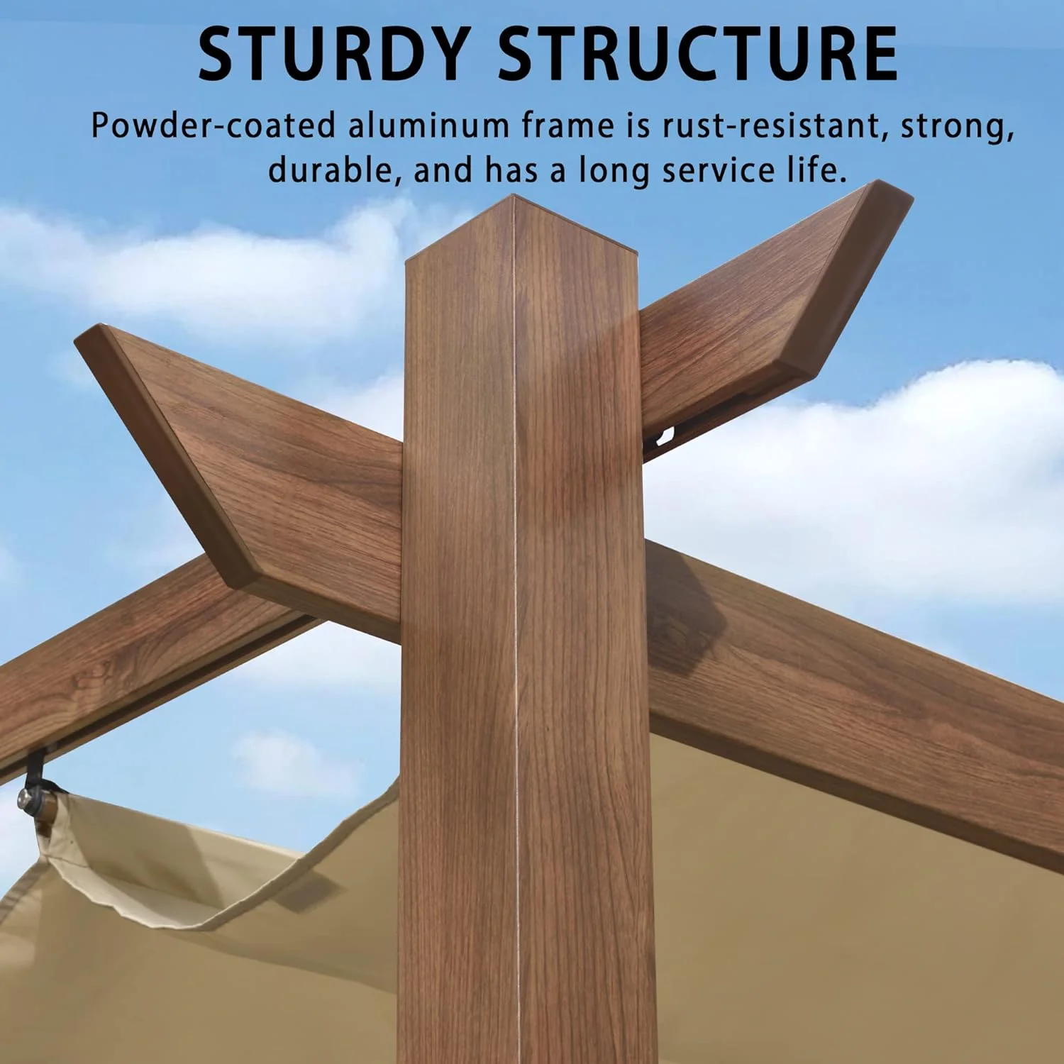 PURPLE LEAF 10' x 10' Outdoor Retractable Pergola with Sun Shade Canopy Patio Metal Shelter for Garden Porch Beach Pavilion Natural Wood Grain Aluminum Frame Modern Yard Grill Pergola, Beige