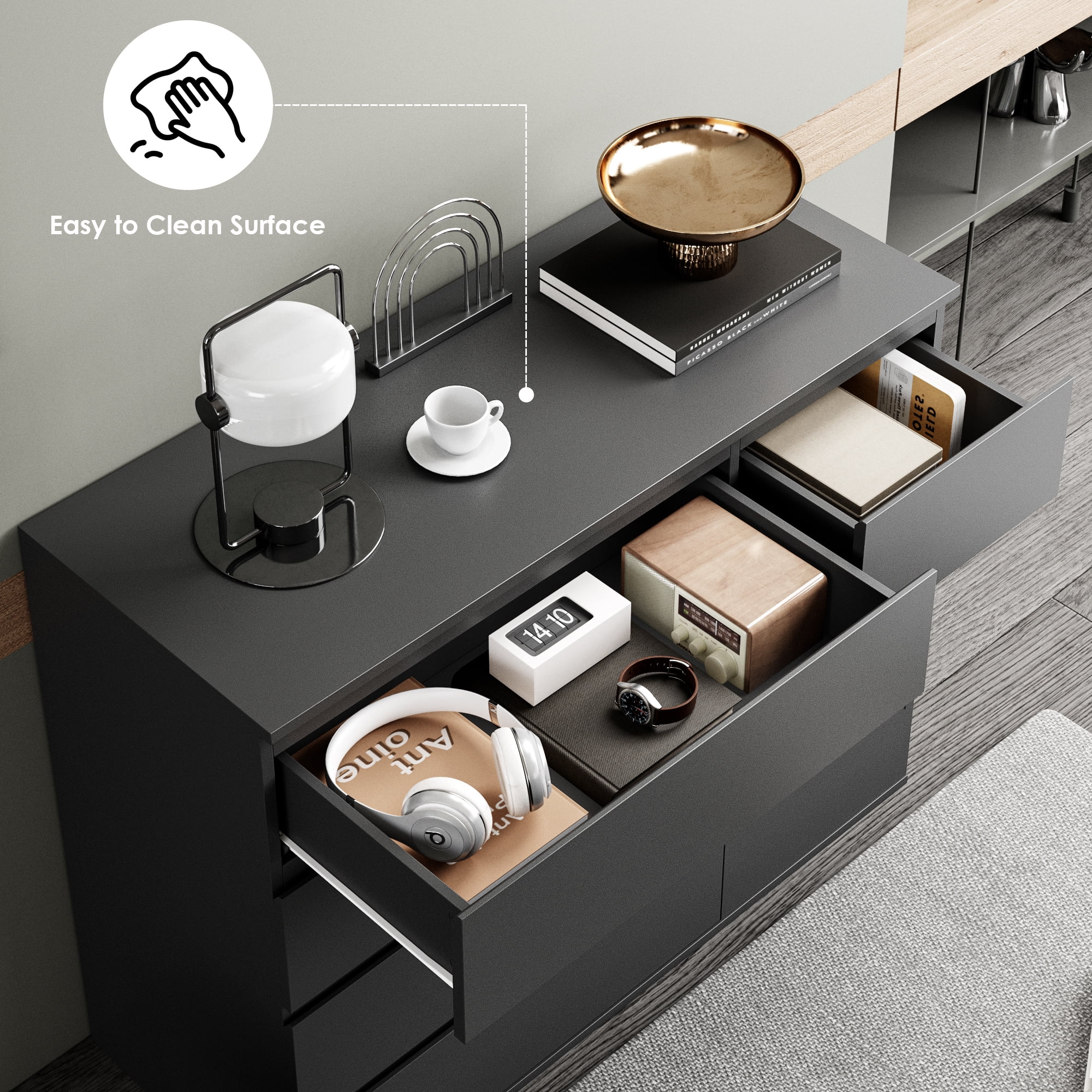 Homfa 5 Drawer Dresser with Door, Modern Accent Storage Cabinet Chest of Drawers for Bedroom Living Room, Black