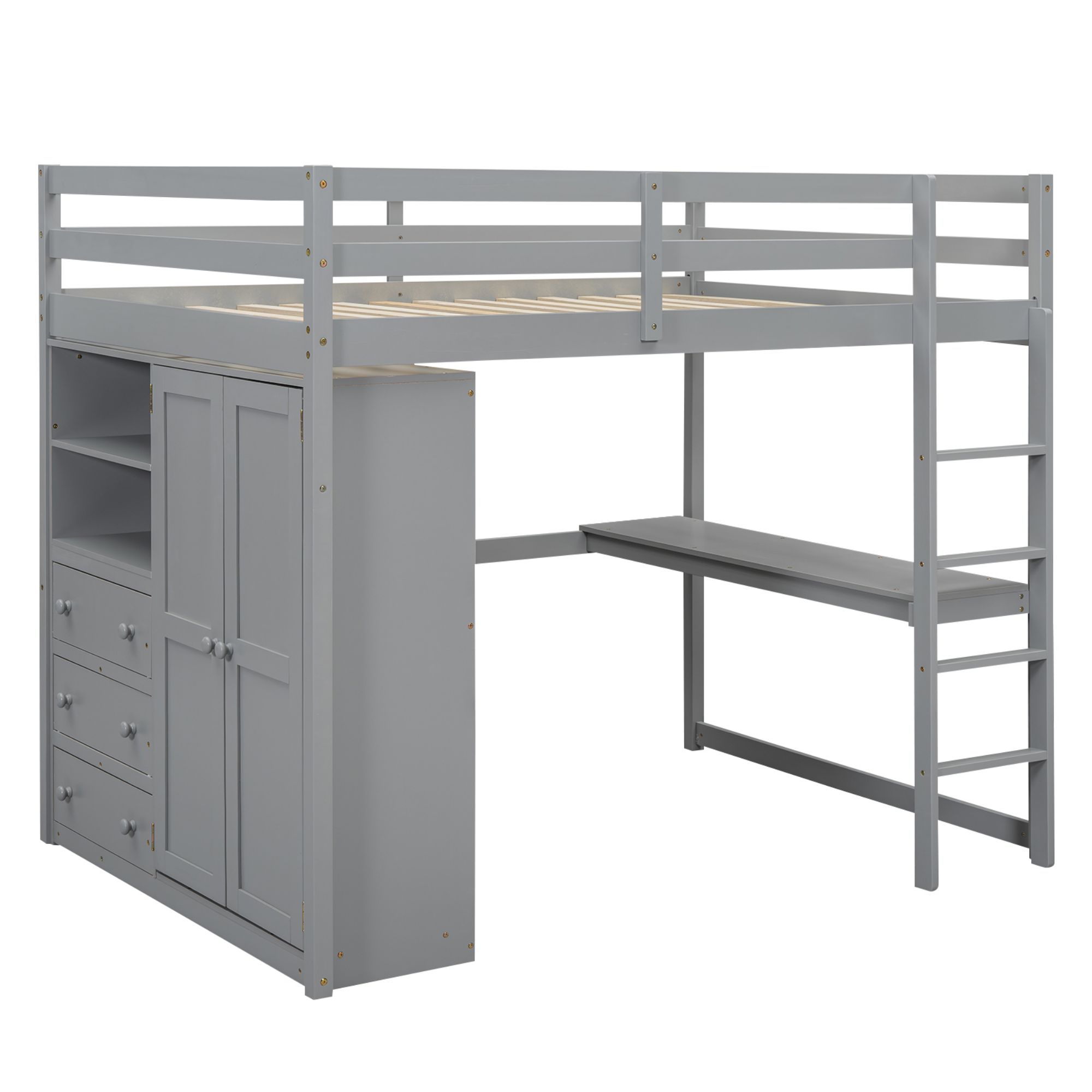 Full Size Loft Bed with Built-in Wardrobe, Desk, Storage Shelves and Drawers, Wooden Loft Beds Frame with Large Space, Wood High Loft Beds with Ladder(Gray, Full)