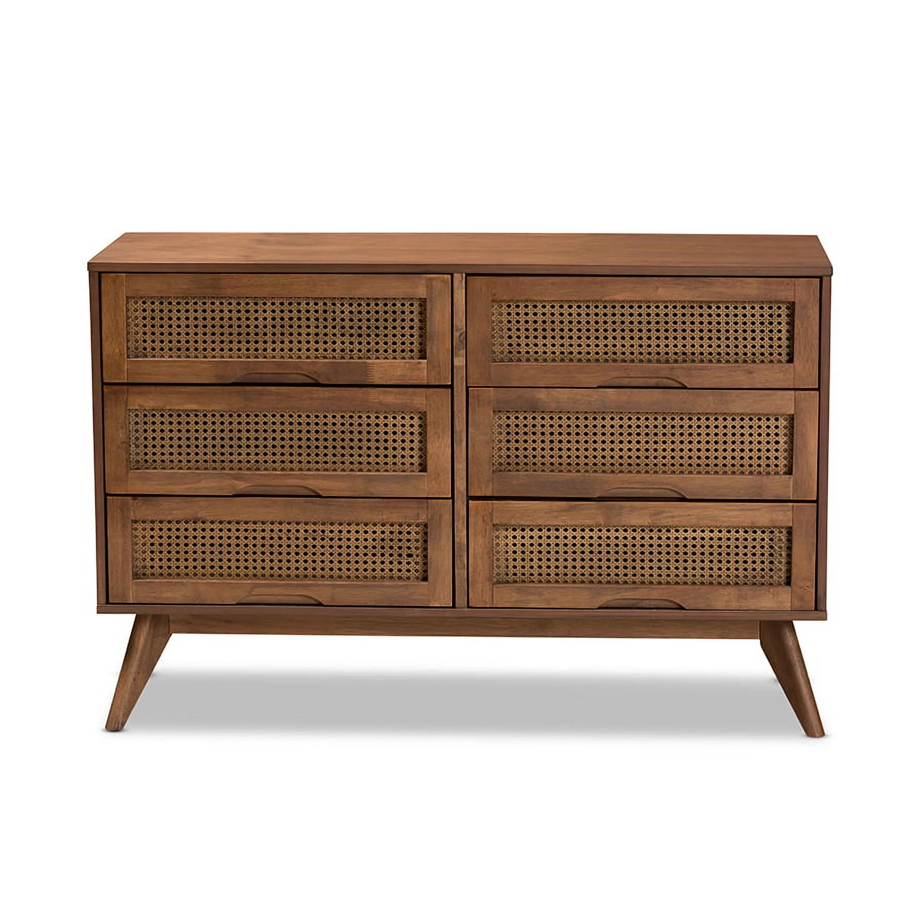 Baxton Studio Barrett Mid-Century Modern Walnut Brown Finished Wood and Synthetic Rattan 6-Drawer Dresser