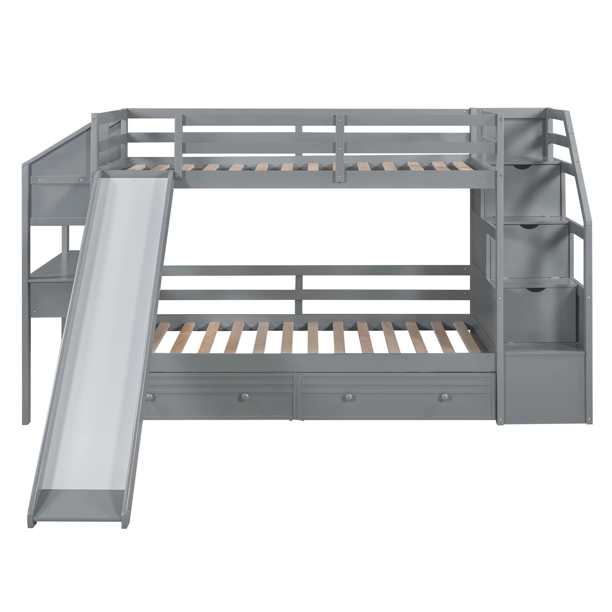 Euroco Wood Twin over Twin Bunk Bed with Desk and Slide, 4 Drawers and Shelf, Bookcase and Storage Staircase for Kids, Gray