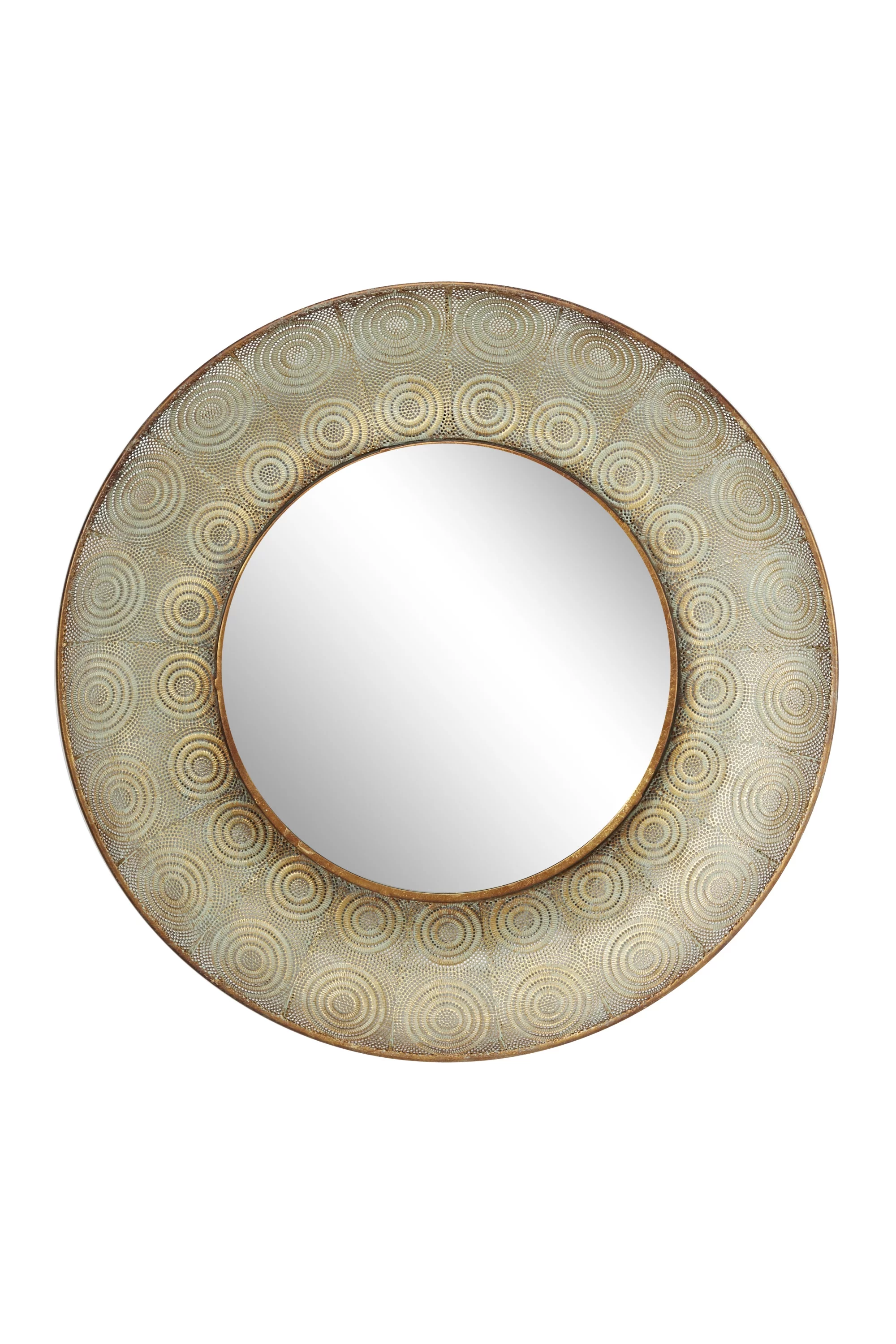 Decmode Pierced Gold Metal Large, Round Wall Mirror with Eclectic Circle Designs, 36” x 36”