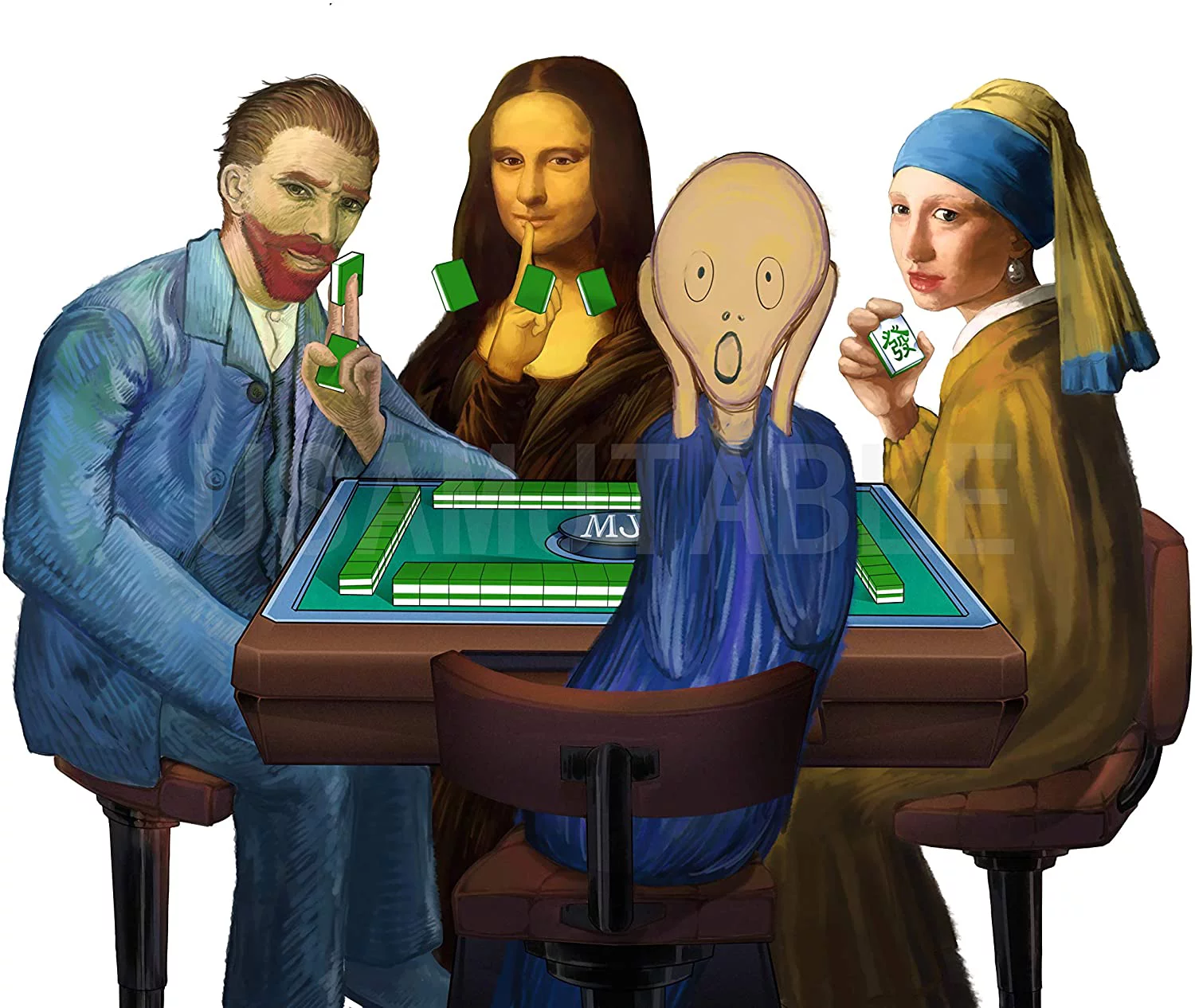 166 American Mahjong High-End Mahjong Suitcase Limited Edition Embedded Masterpiece Background 4 Wooden Pushers + Racks 166 Numbered Tiles Complete American Mahjong Set in Leather Suitcase Van Gogh