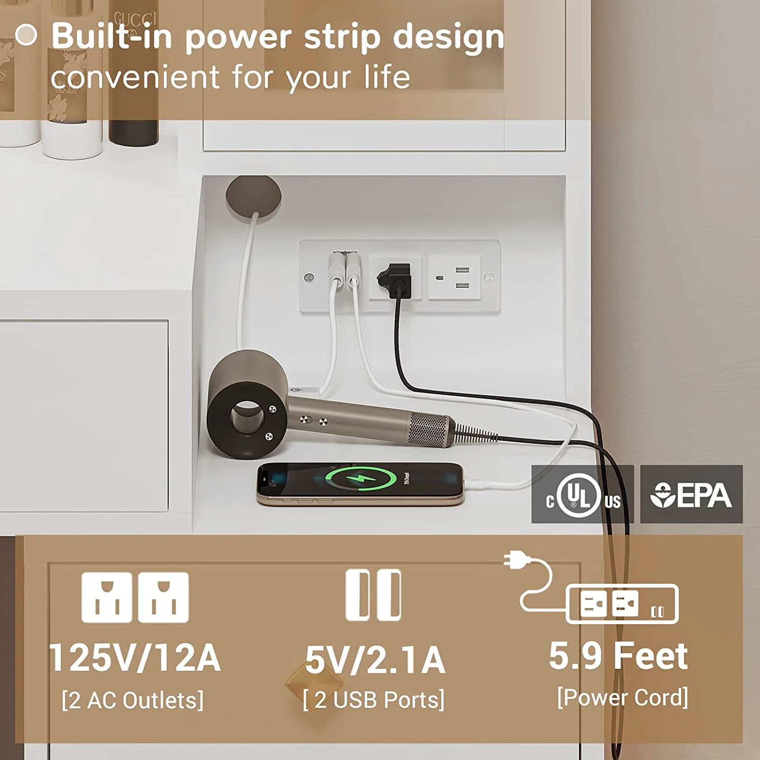 Tiptiper Makeup Vanity with Light Mirror and Charging Station, Vanity Desk with Storage Shelves, 5 Drawers, White