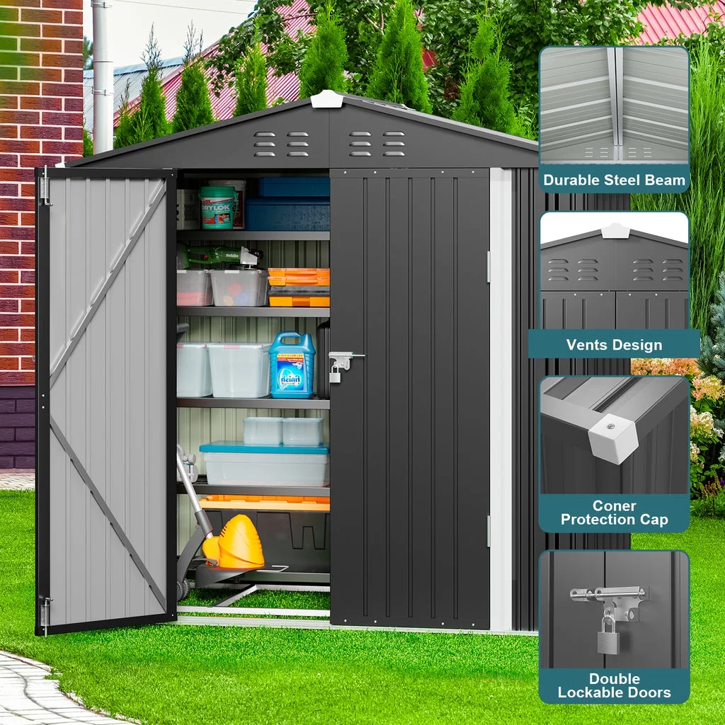 Aiho 8' x 6' Shed, Outdoor Storage Shed with Metal Base Frame & Air Vent & Lockable Doors for Garden and Backyard - Gray